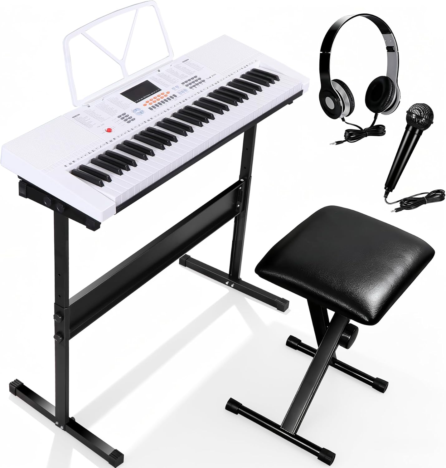 61 Keys Electronic Keyboard Piano Complete LED Display Keyboard Kit with Stand Built-in Speakers Headphones Microphone Music Sheet Stand and Stool, White