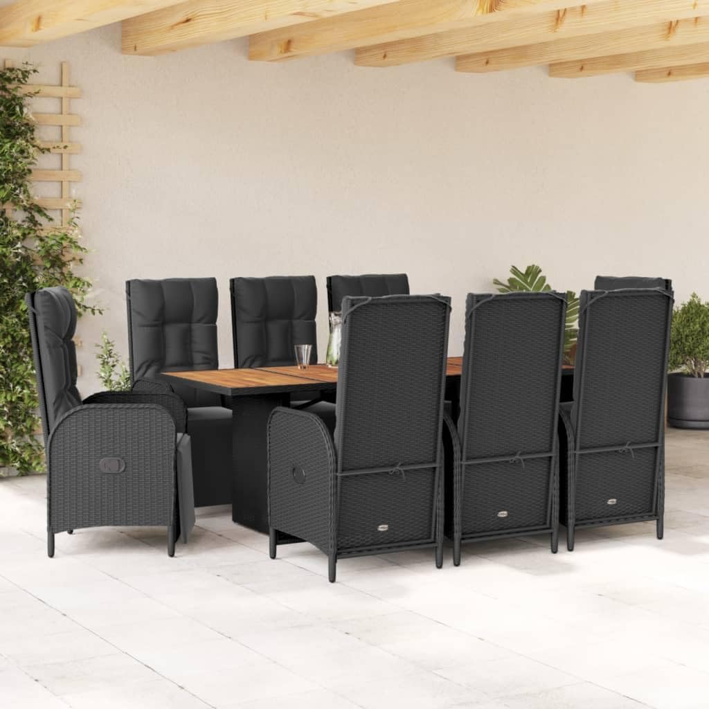 9 Piece Patio Dining Set with Cushions Black Poly Rattan,Outdoor Rattan Patio Furniture Set Adjustable Reclining Garden Chairs with Acacia Wood Tabletop Furniture Sets for Patio, Lawn & Garden