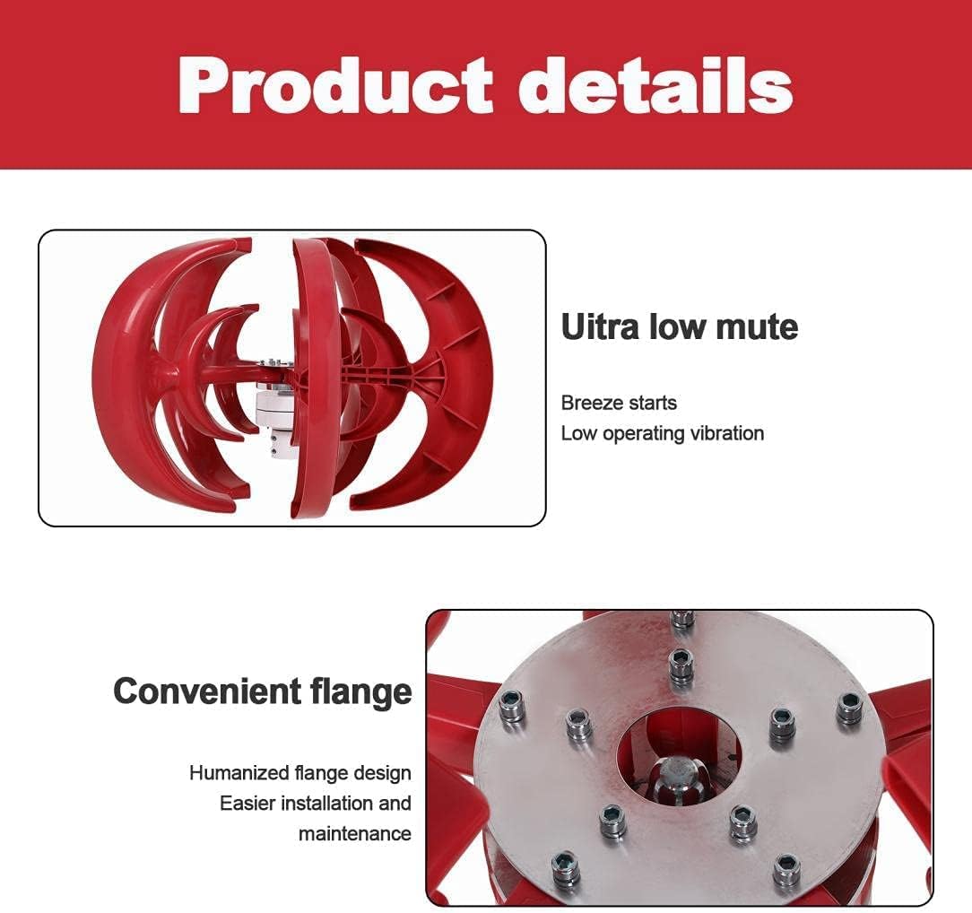 Wind Turbine Generator Kit, 8000W 5 Blade Wind Turbine Lantern Vertical Wind Generator Kit Electricity Producer Equipment (Red)