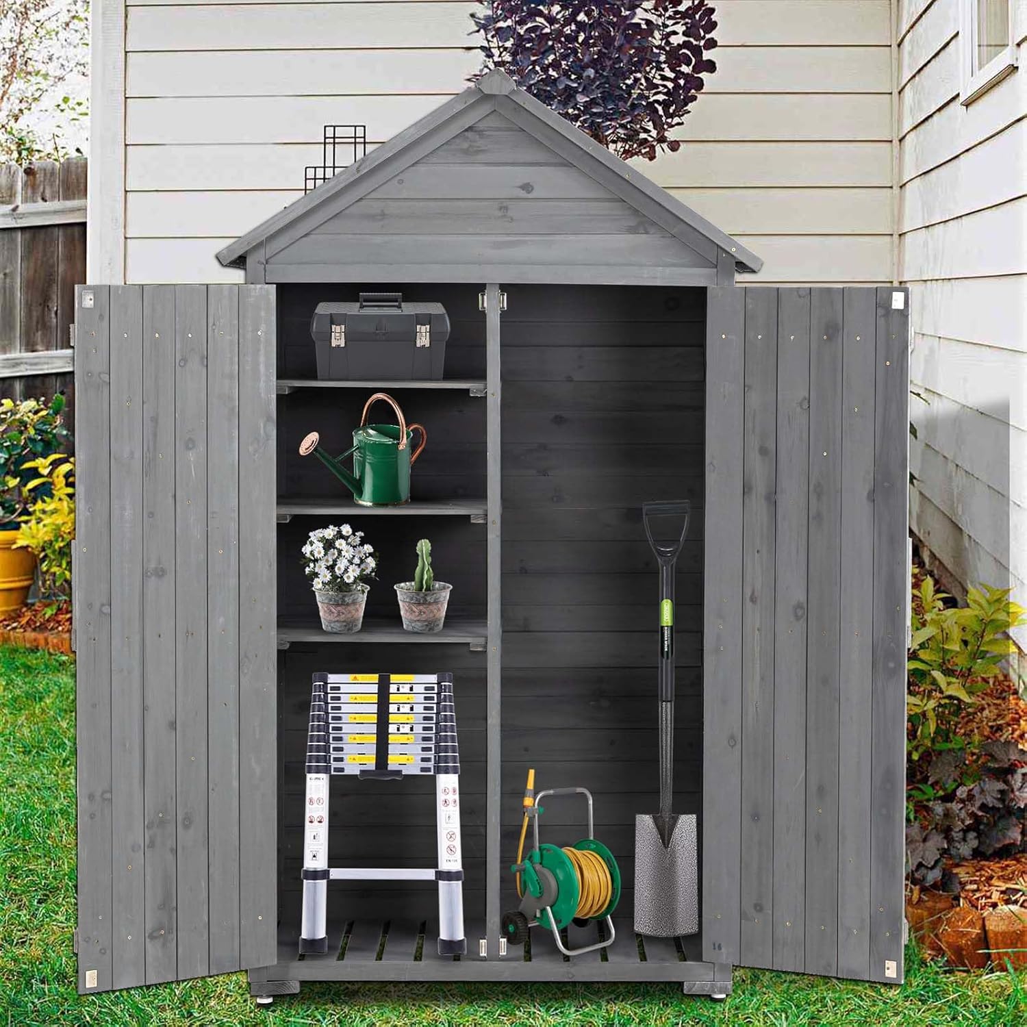 Outdoor Wooden Storage Cabinet, Garden Wood Tool Shed, Outside Wooden Shed Closet with 3 Detachable Shelves, Waterproof Roof, and Latch for Yard Patio Lawn Deck (Grey)