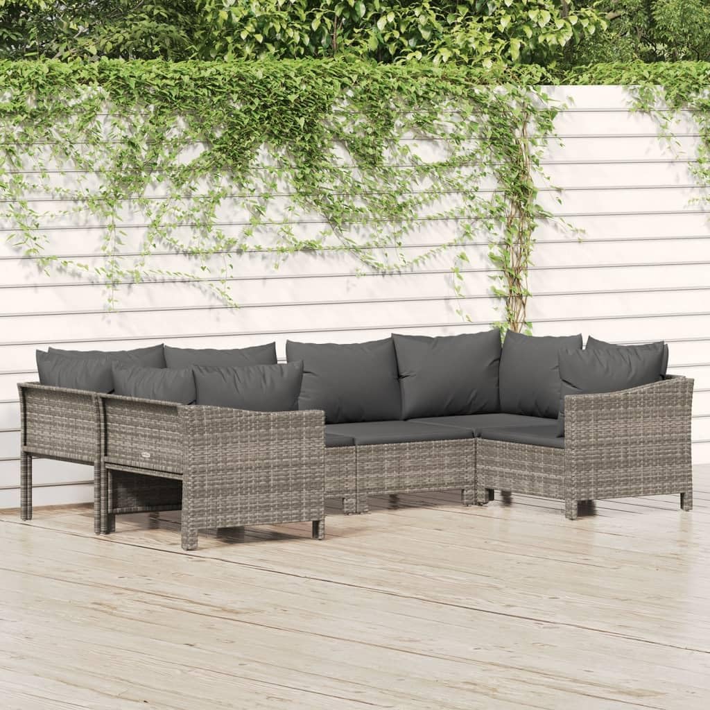 Patio Set 6 Piece Patio Lounge Set with Cushions Gray Poly Rattan