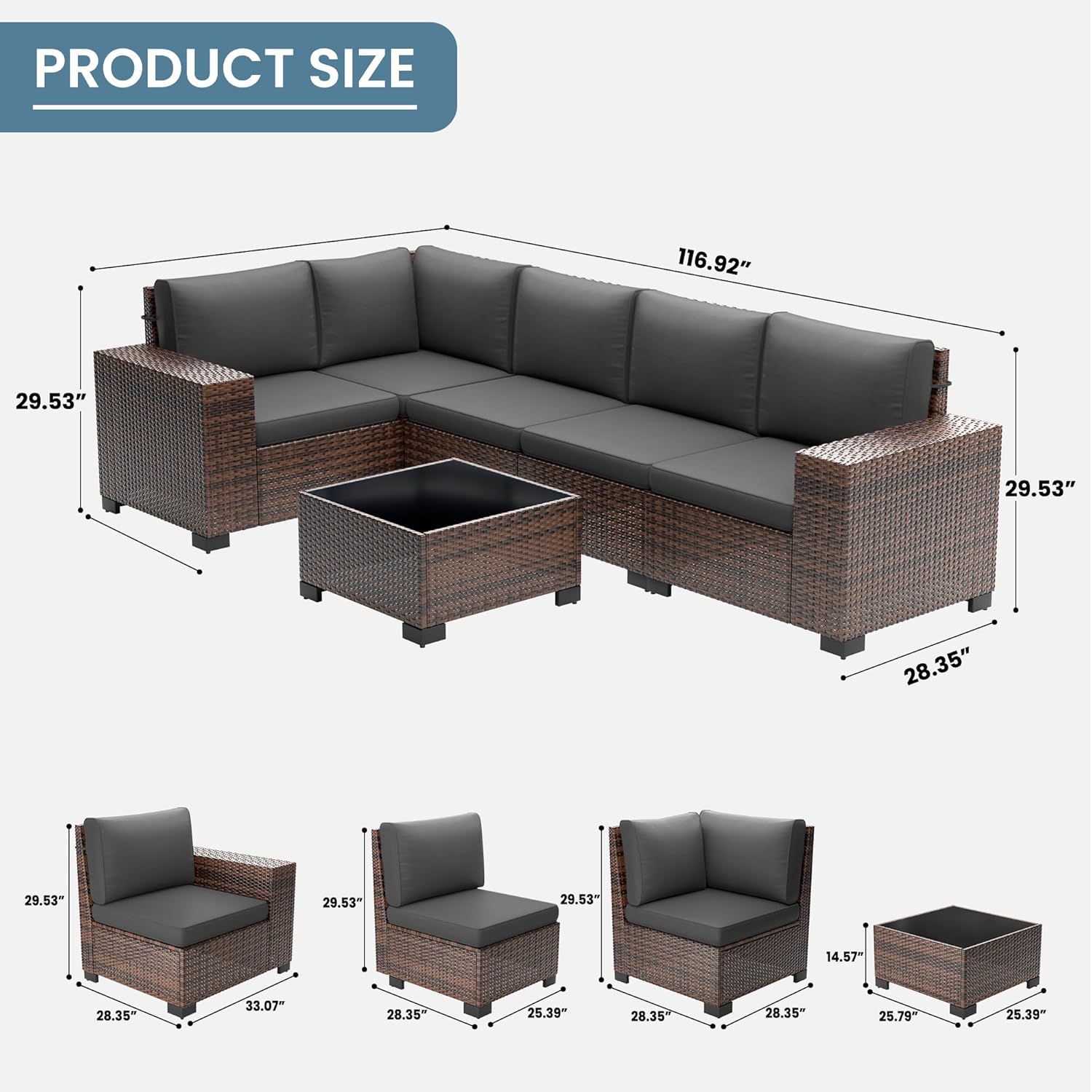 Amopatio 8 Inch Armrest Outdoor Sectional, 6 Piece Patio Furniture Set Sectional Sofa with Coffee Table for Garden Backyard, 4'' Thickened Cushion