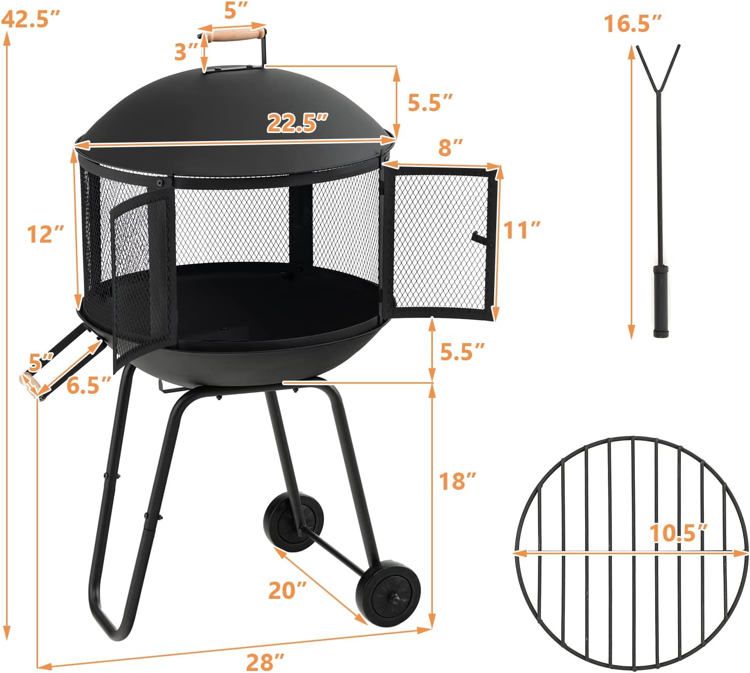 Tangkula Portable Fire Pit with Wheels, 28 Inch Wood Burning Fire Pit with Log Grate, Poker, Rolling Patio Fireplace Wooden Bonfire Firepit for Outdoor Entertaining Black