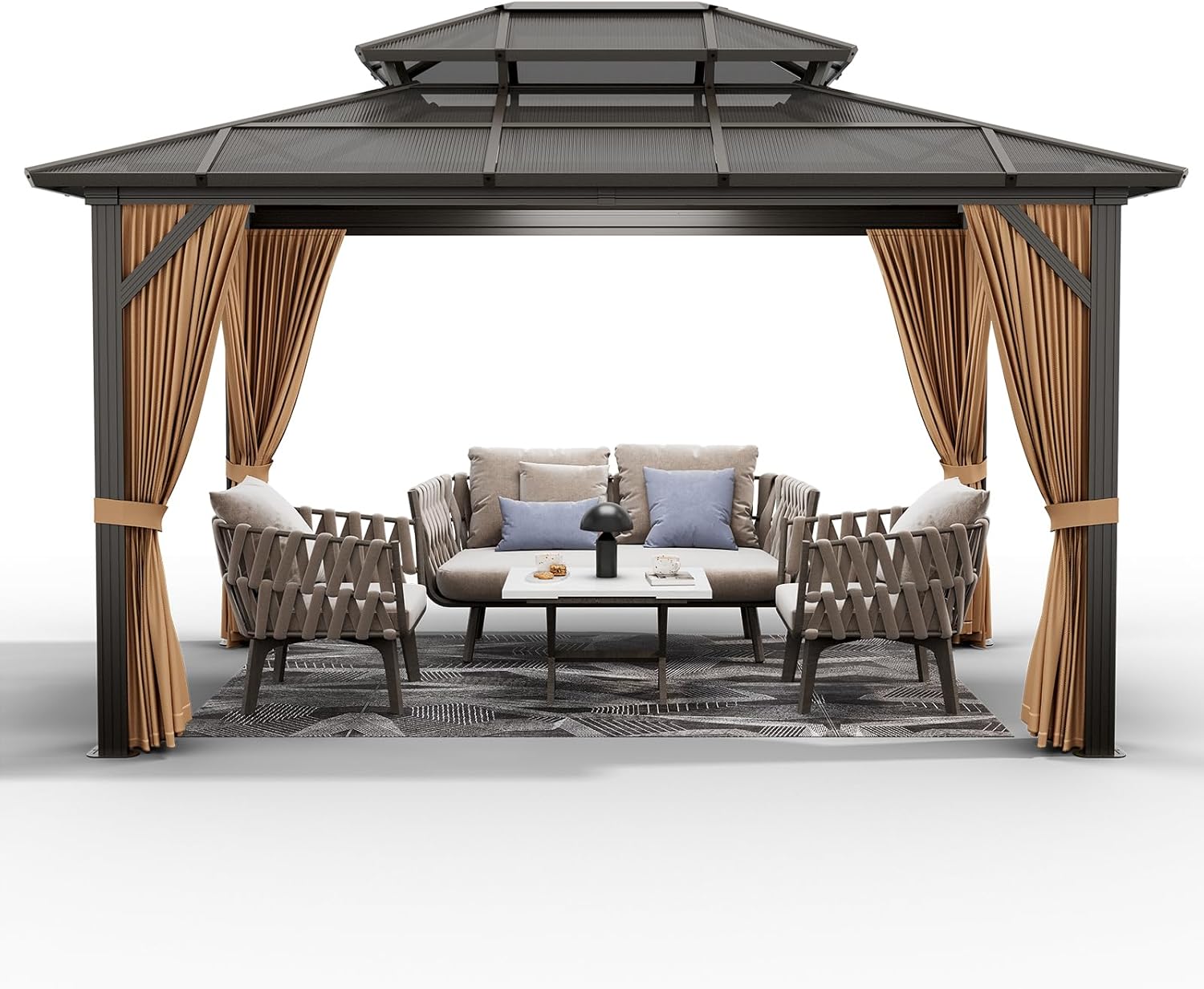 Gazebo Pavilion Canopy 10x13 FT with Double PC Roof, Aluminum Frame Canopy Outdoor Permanent Metal Pavilion Large Sunshade Pergola with Curtains for Patio Garten Backyard