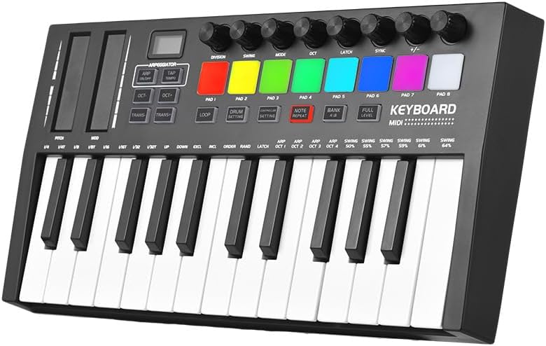 25 Key MIDI Keyboard Midi Controller Beat Maker Professional Electronic Audio Intelligent Portable Arranging Strike Pad Keyboard Piano Lightweight USB 5V/1A Type-C