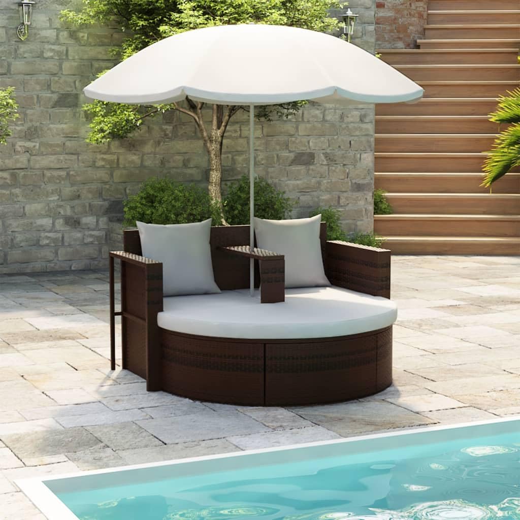 Patio Beds Patio Bed with Parasol Brown Poly Rattan