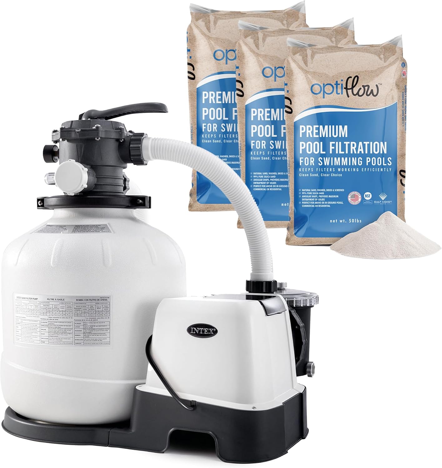 Intex 26679EG Krystal Clear 2650 GPH Sand Filter Pump for Above Ground Pools Bundled with OptiFlow 3 Pack Premium Pure Silica Filter Sand, 50 lb Bags