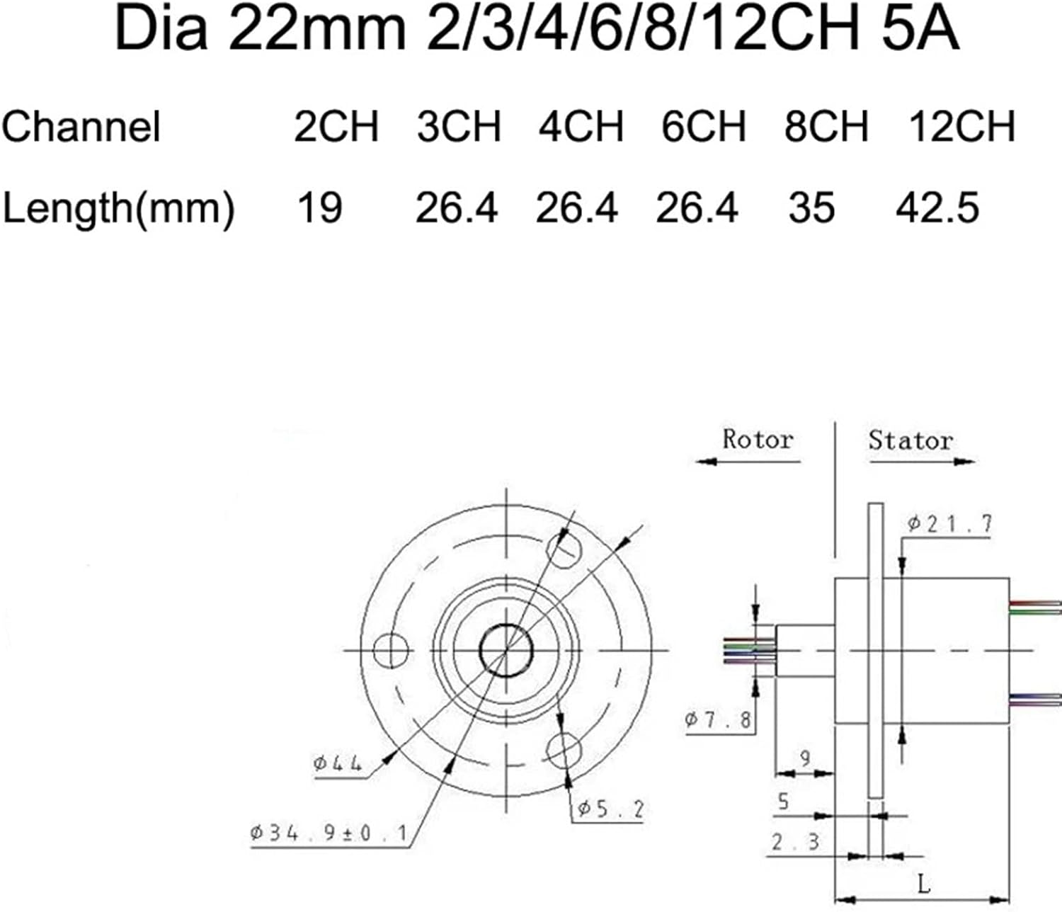 1PCS Wind Turbine Slip Ring 12 Channels Dia 22mm 5A High Current Rotary Electrical Connector Amusement Ride Slipring(Dia 22mm 8CH 5A)