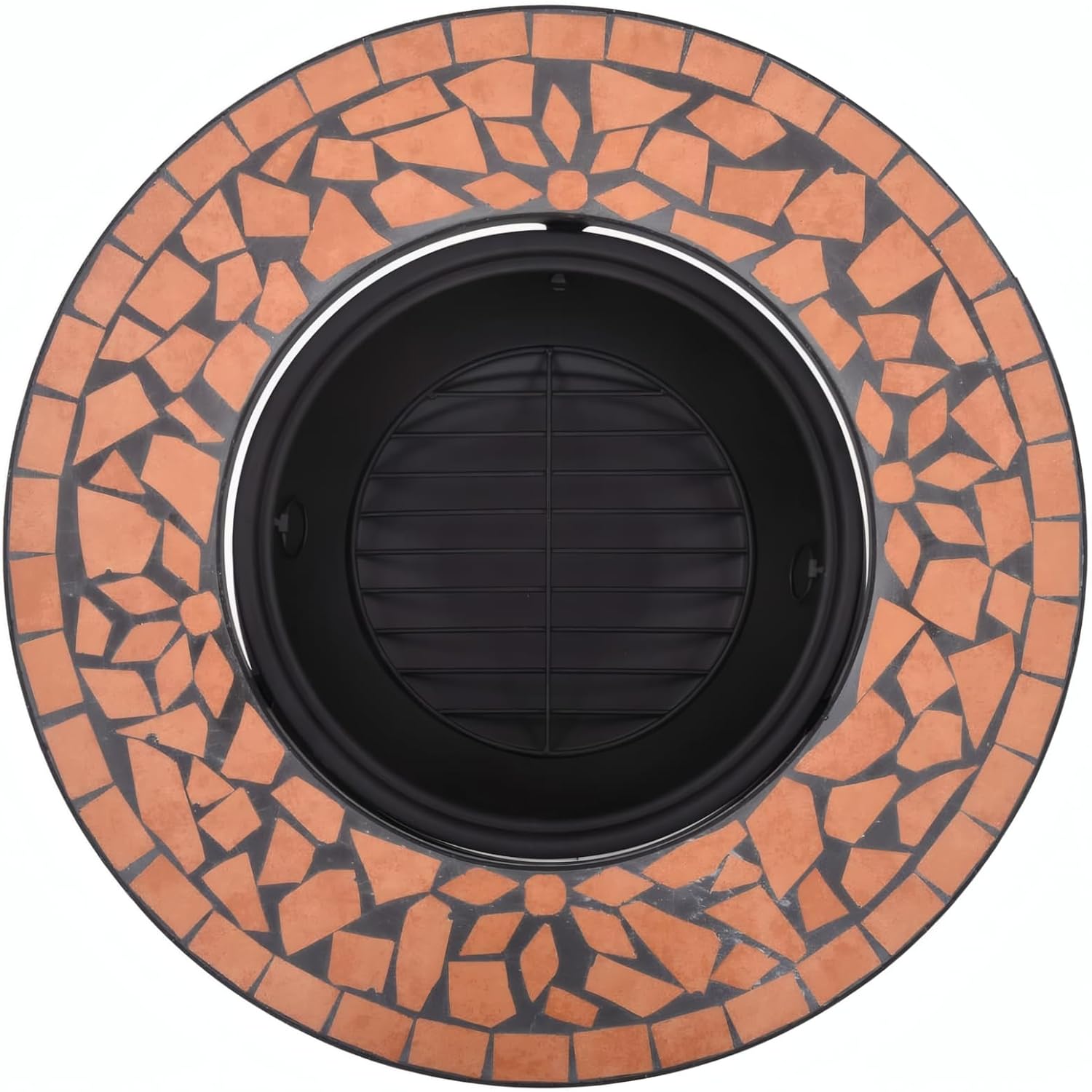 Penau Mosaic Ceramic Fire Pit Bowl, Terracotta Outdoor Fire Pit, Steel Fire Bowl with Round Tabletop and Insulation Grid, Three-Leg Stand, 26.8 x 26.8 x 17.7 Inchs