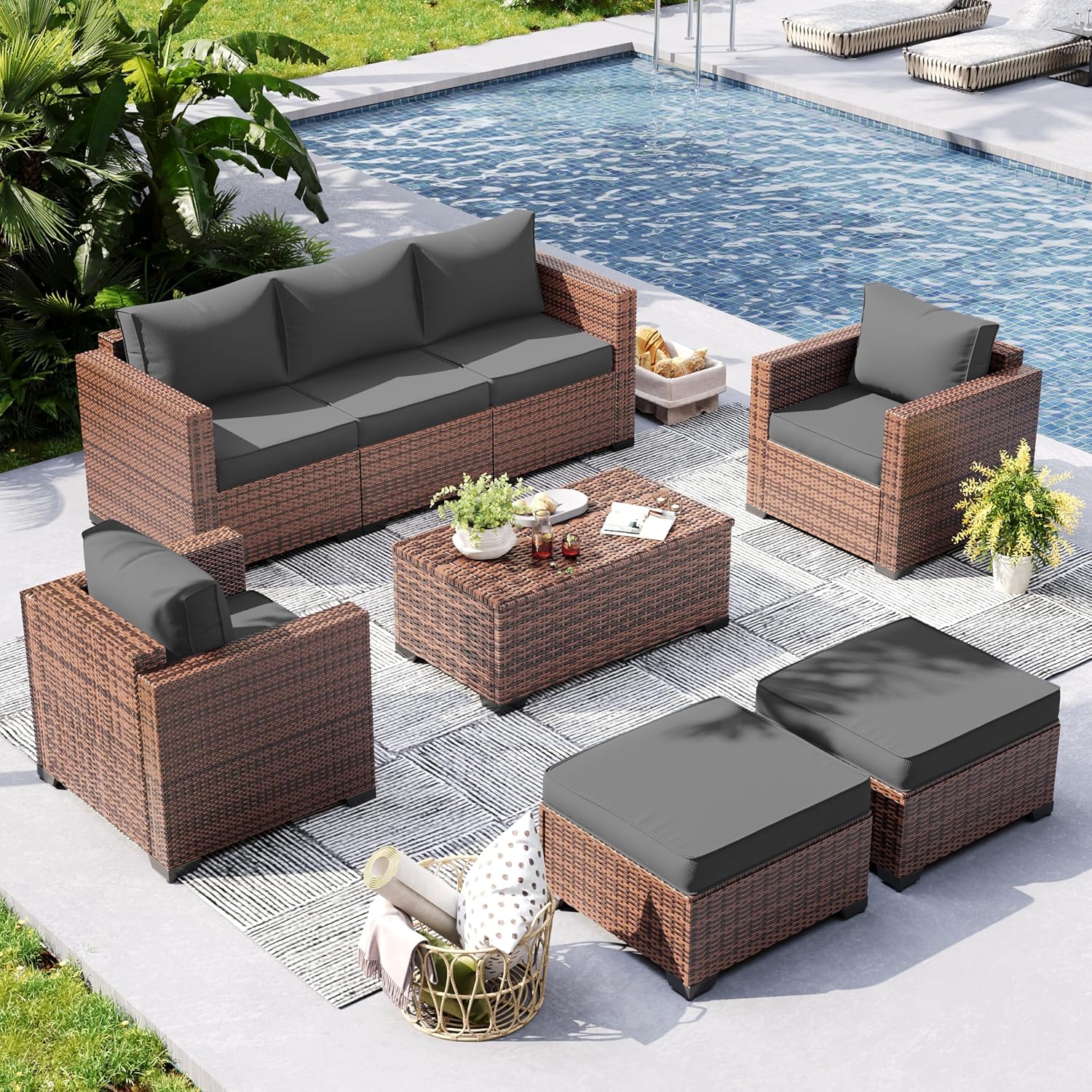 UDPATIO 6 Piece Patio Furniture Set 7 Seats Wicker Outdoor Furniture Set, Thick Cushions Patio Couch Chair with Ottoman & Storage Table for Porch, Balcony