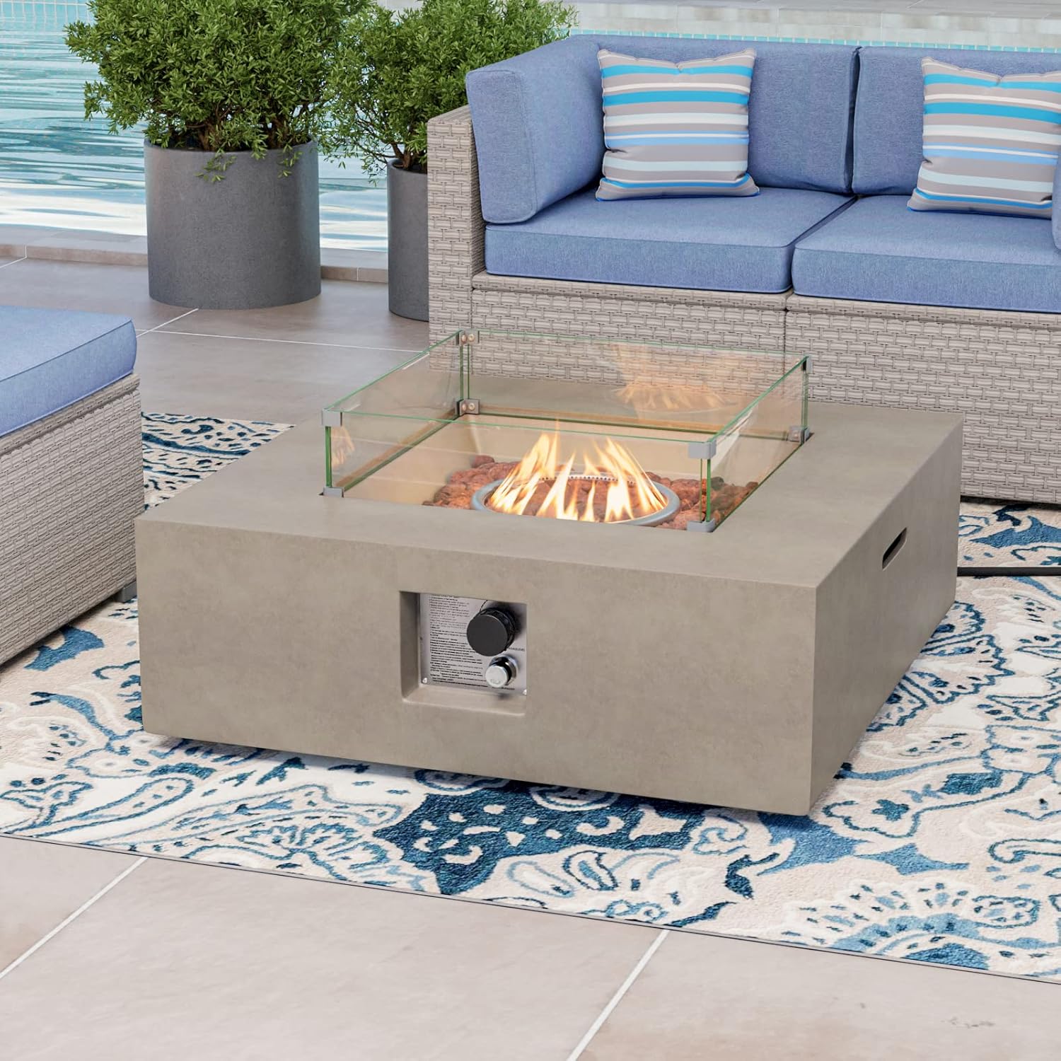 COSIEST Square Outdoor Sandstone Propane Fire Pit w Wind Guard, CSA Certified, 50,000 BTU Stainless Steel Burner, 35-inch, Free Lava Rocks and Rain Cover, Tank Outside, Metal Lid (Gray)