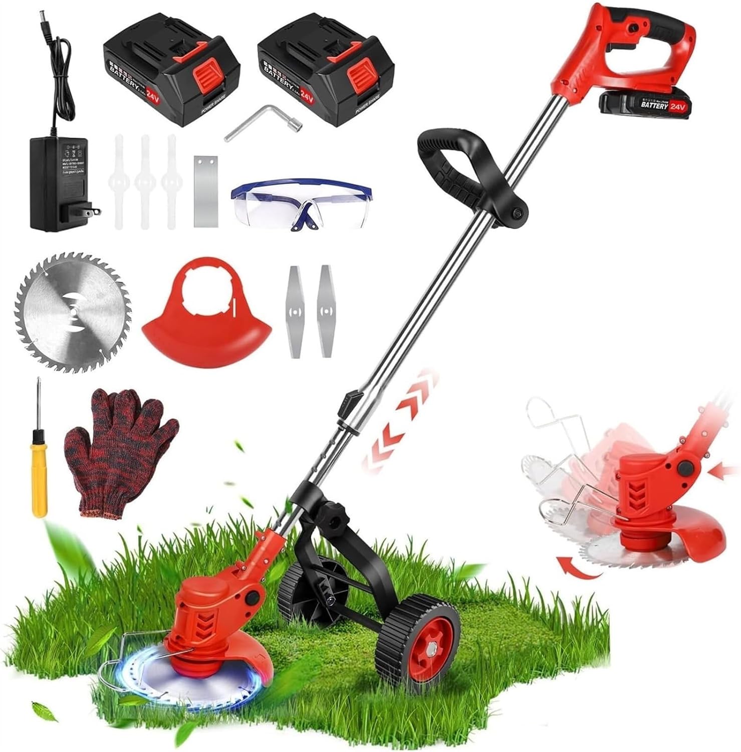 Cordless Weed Wacker 24V Electric Cordless Grass Trimmer Lawn Mower Hedge Trimmer Adjustable Handheld Garden Power Pruning Cutting Power with Wheels G