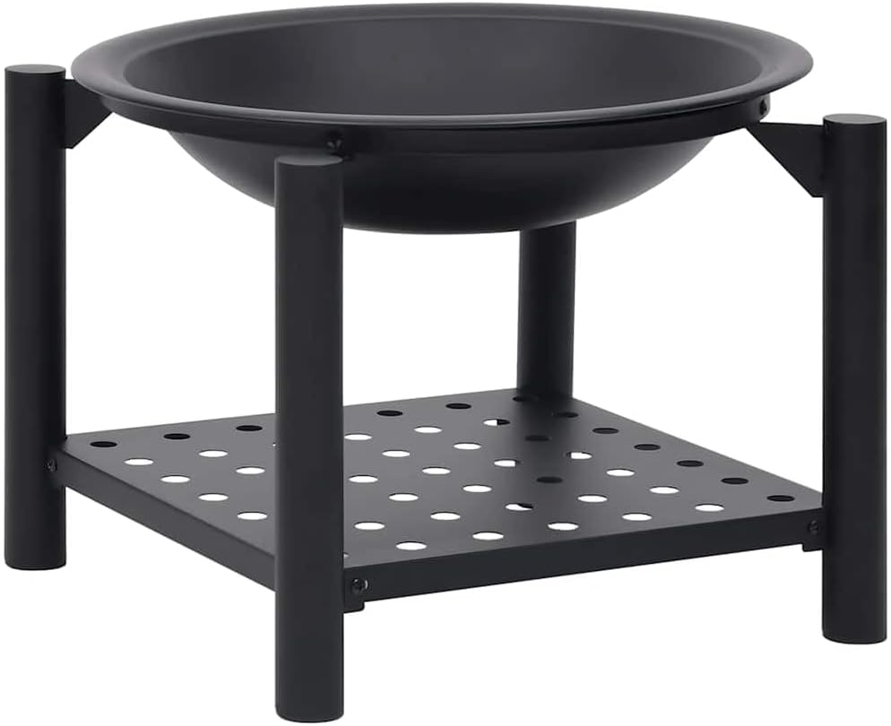 vidaXL Steel Fire Pit - Decorative Outdoor Patio, Garden Heating System with Bonus Poker, Enhanced Safety Features, Additional Storage Shelf, Scandinavian Style