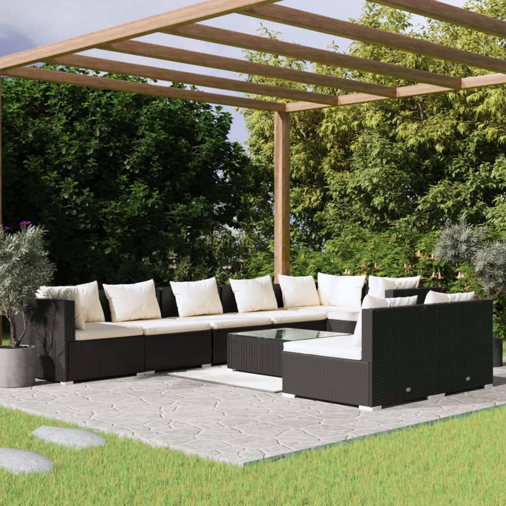 9 Piece Patio Lounge Set with Cushions Black Poly Rattan Garden Furniture
