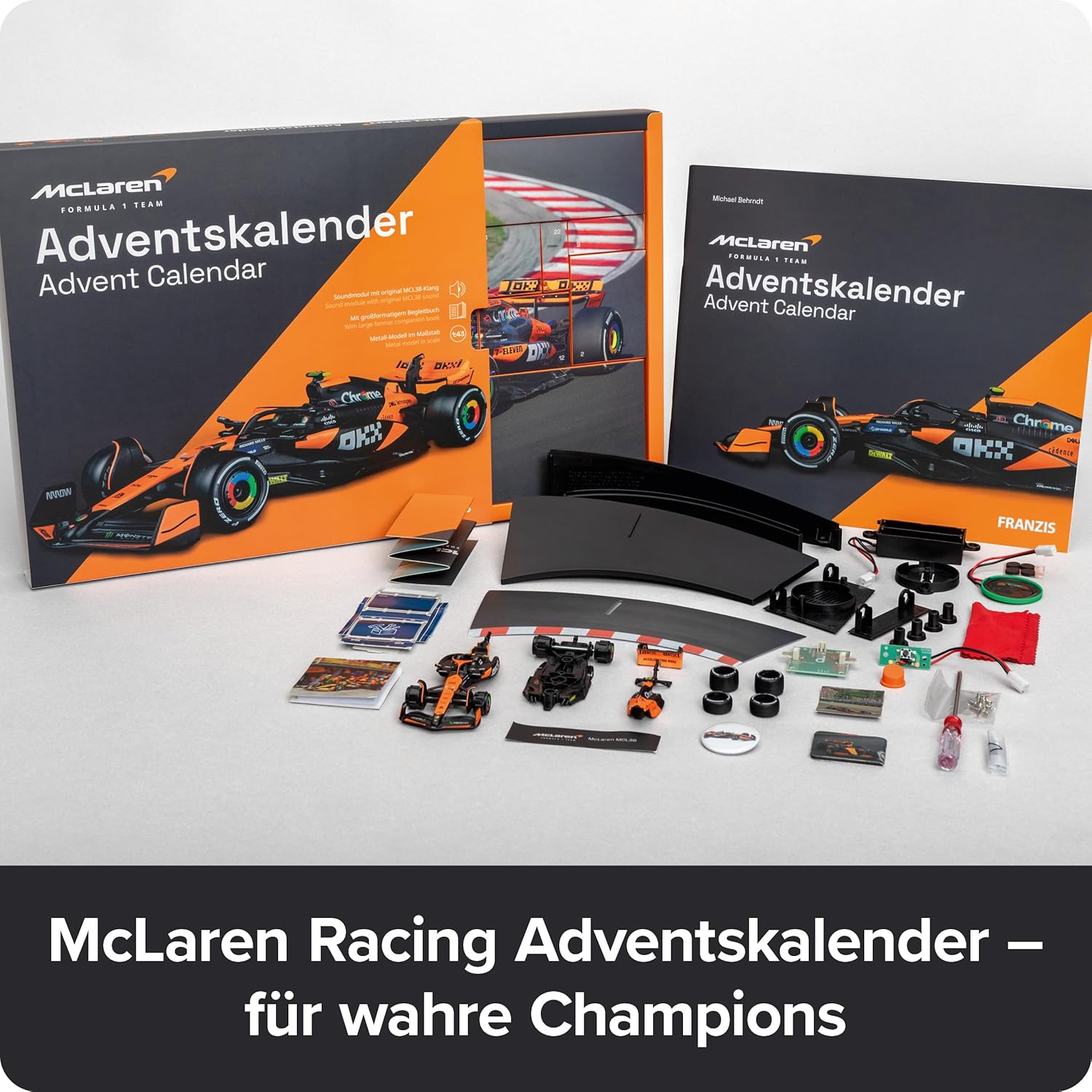 FRANZIS 67391 McLaren Racing Advent Calendar 2025 Model Kit in Scale 1:43 Includes Sound Module and 52 Page Accompaniment Book