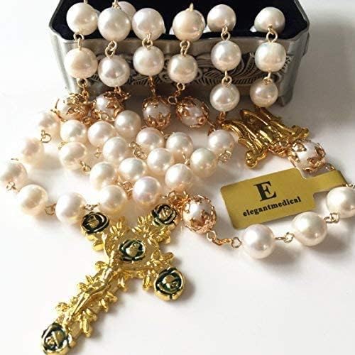 elegantmedical HANDMADE AAA+ 10MM White Real Pearl BEADS ROSE CATHOLIC ROSARY CROSS GIFT NECKLACE Supper BOX case