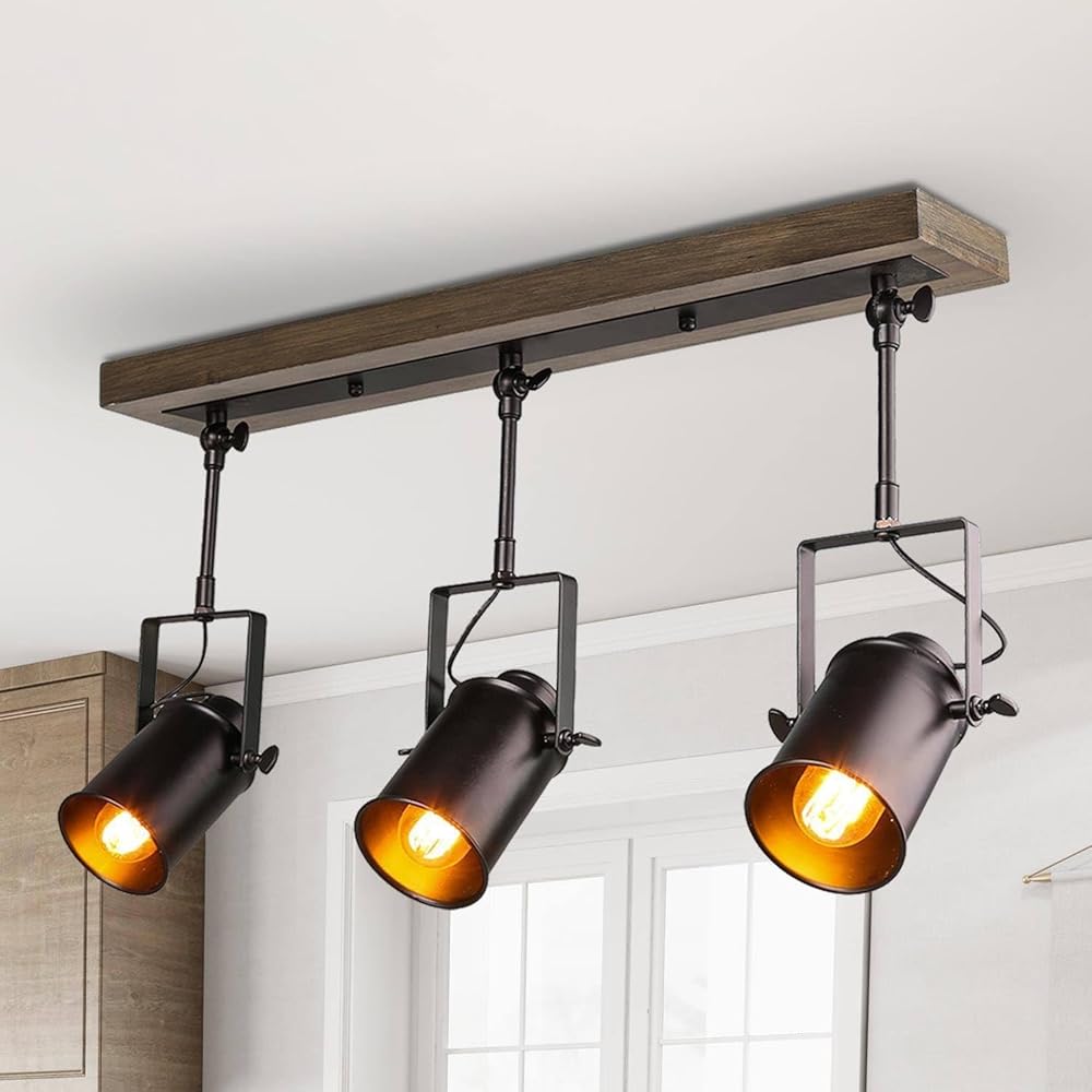 LOG BARN Black Farmhosue Track Lighting, 3-Light Rustic Wood Track Lighting Light Fixtures Ceiling with Adjustable Heads, 24.8