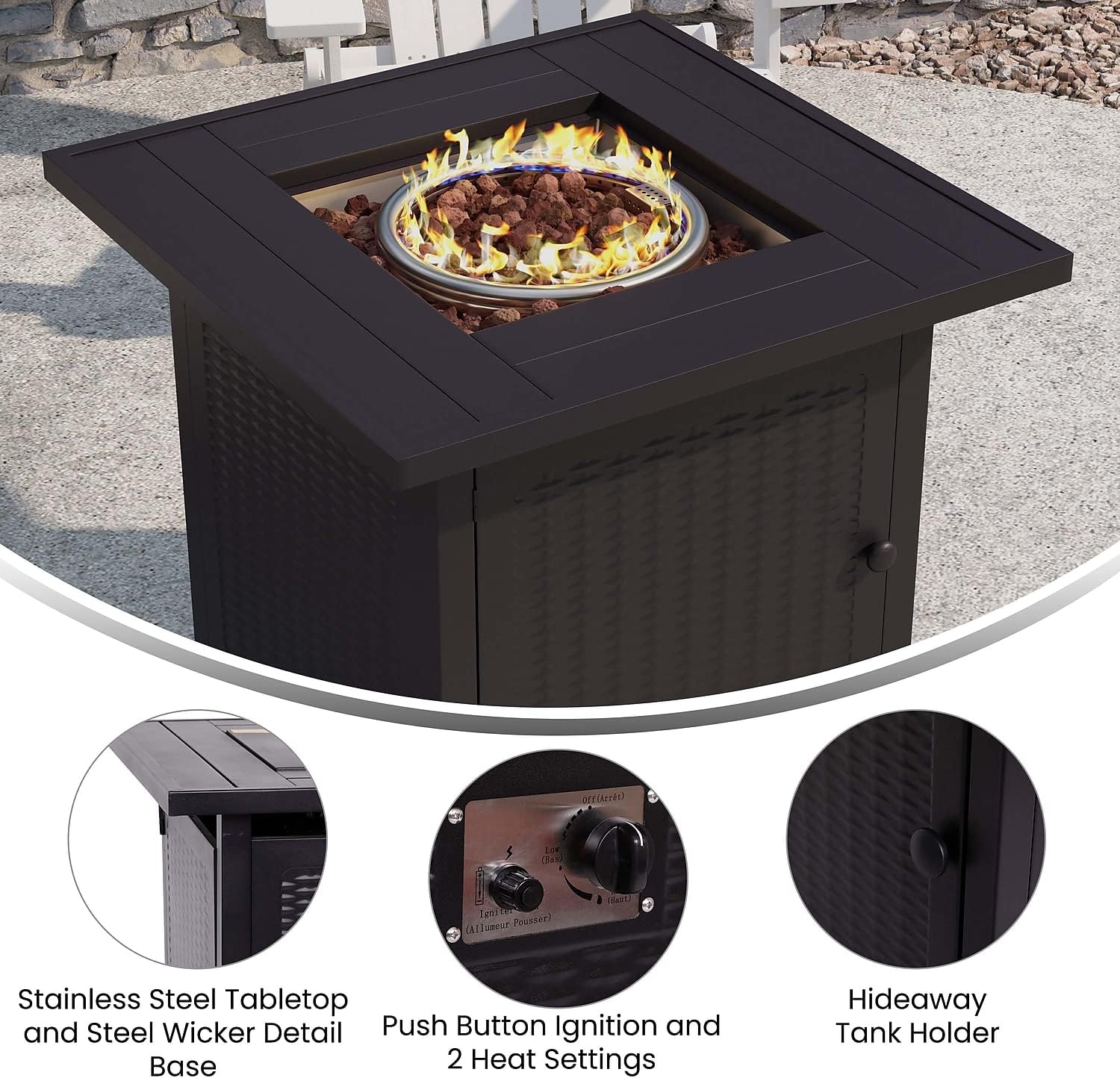 Flash Furniture Olympia 50,000 BTU Outdoor Propane Gas Fire Pit Table - Black Stainless Steel Tabletop and Steel Wicker Detail Base - 28