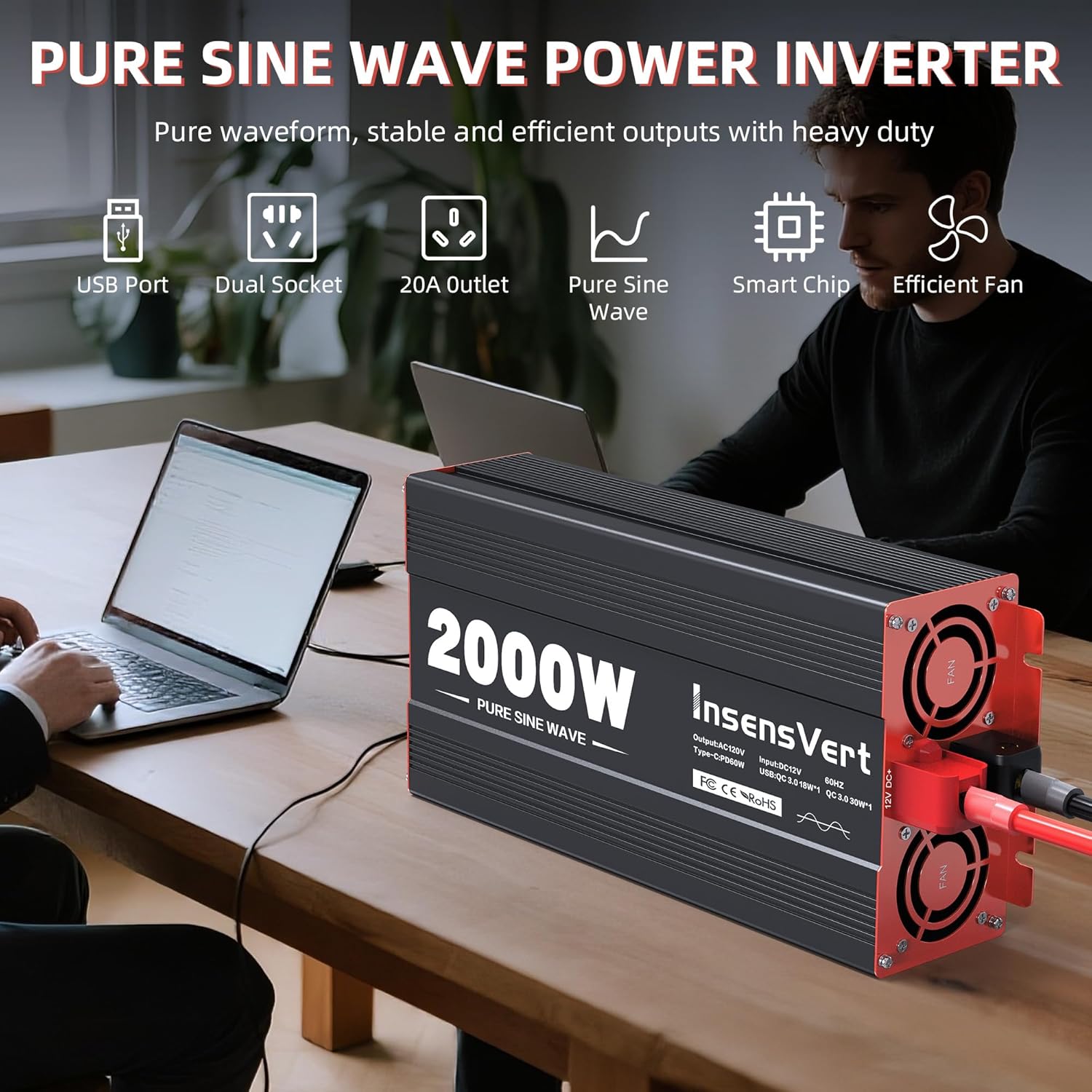 2000W Pure Sine Wave Inverter, Car Power Inverter 12V to 120V AC Converter for RV, Truck, Solar, Outdoor with Dual AC and 20A Socket, 18W+30W USB, PD60W, Surge 4000W, Remote Control(2000W-12V)