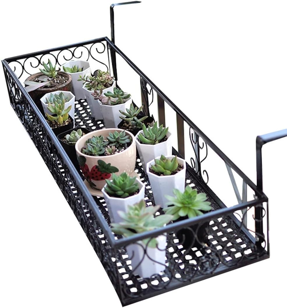 Balcony Patio Planter Railing Shelf Flower Pot Holder,Iron Hanging Shelf Basket with Hooks 23.5 inch for Balcony Decor,Patio or Porch Fence Railing (Color : Black)