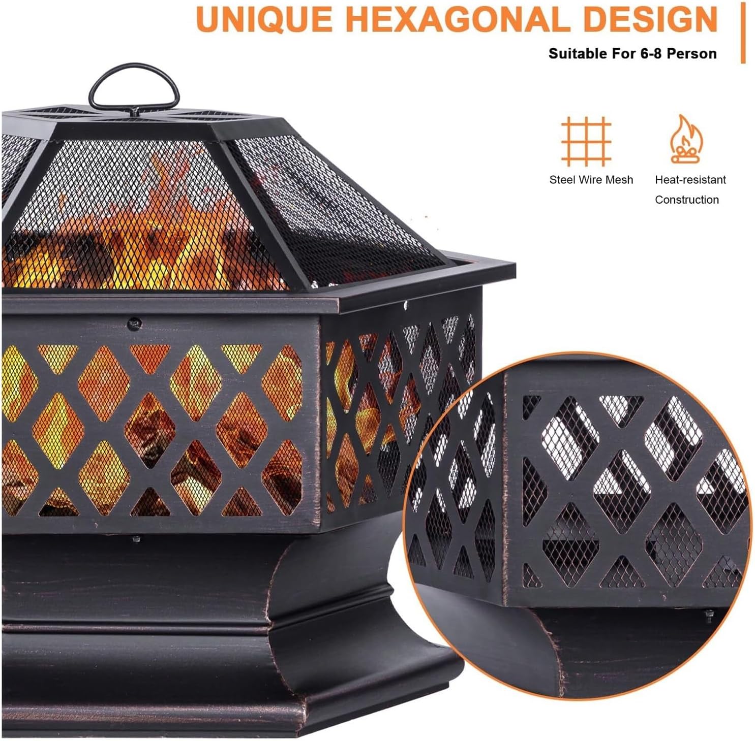 28 Inch Hexagon Wood Burning Fire Pit – Antique Bronze Outdoor Firepit with 360° Flame View for Patio, Backyard, and Camping(28 Inch)