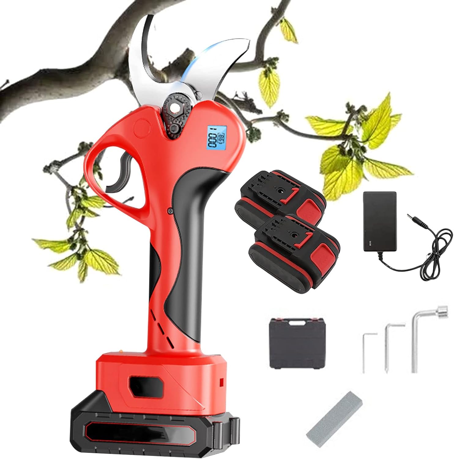 Professional Cordless Electric Pruning Shears 40mm 21V Electric Branch Cutter Electric Scissors Garden Trimmer Brushless Motor 2pack Rechargeable Lithium Battery-LCD Display Screen
