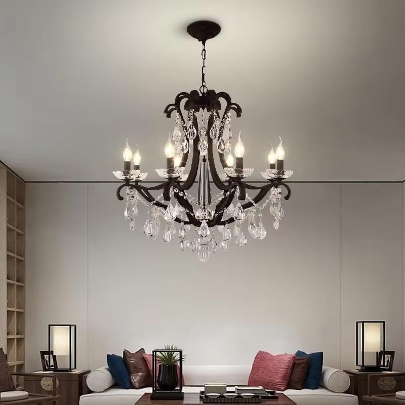 Rustic Iron Crystal Chandelier for Farmhouse Living Room Dining Kitchen Matte Black Led Candle Ceiling Pendant Lighting Fixture,Indoor Illumination