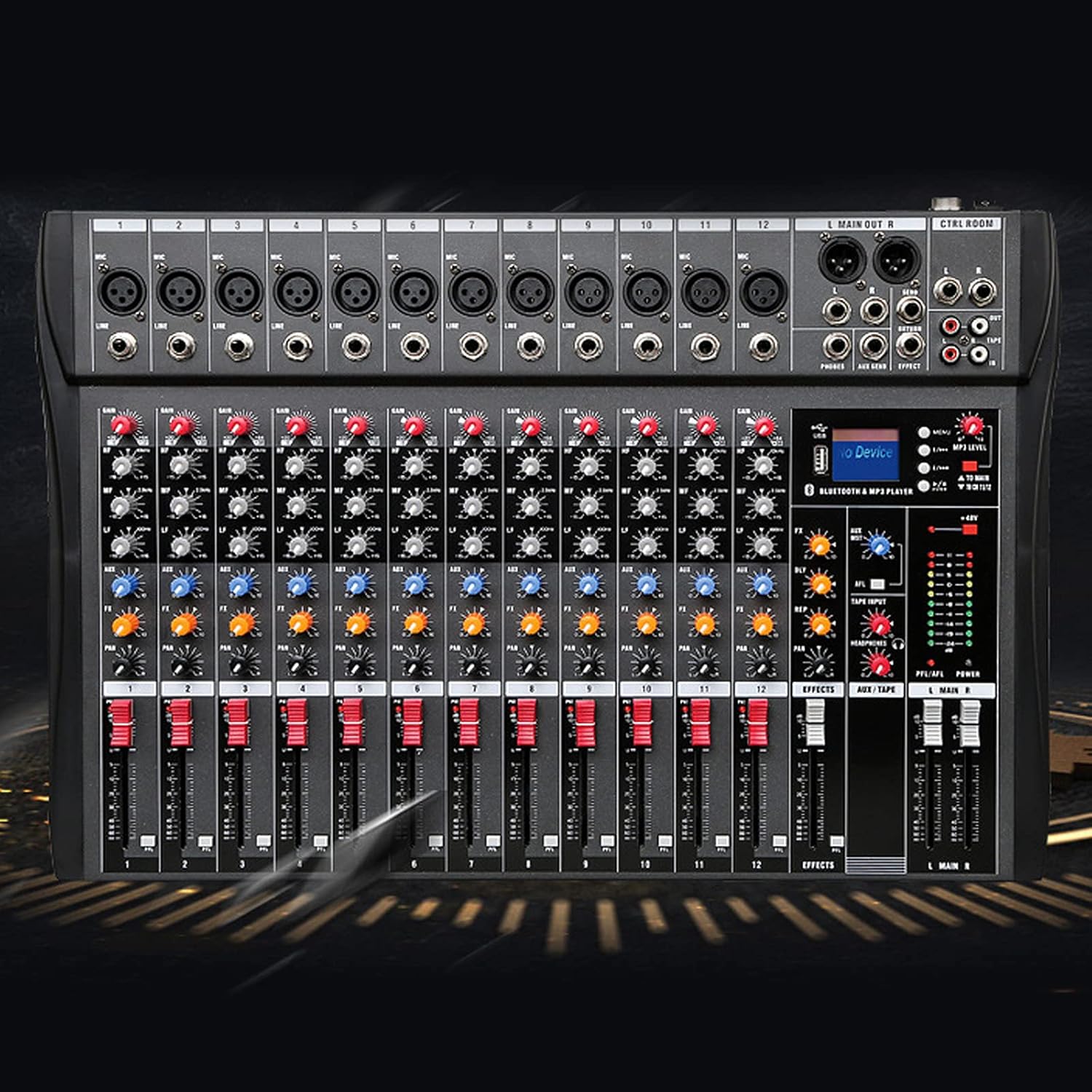 12 Channel Audio Mixer, Professional Live Studio Audio Mixer with Bluetooth USB PC Recording Input, Mixing Console Amplifier Studio, Black