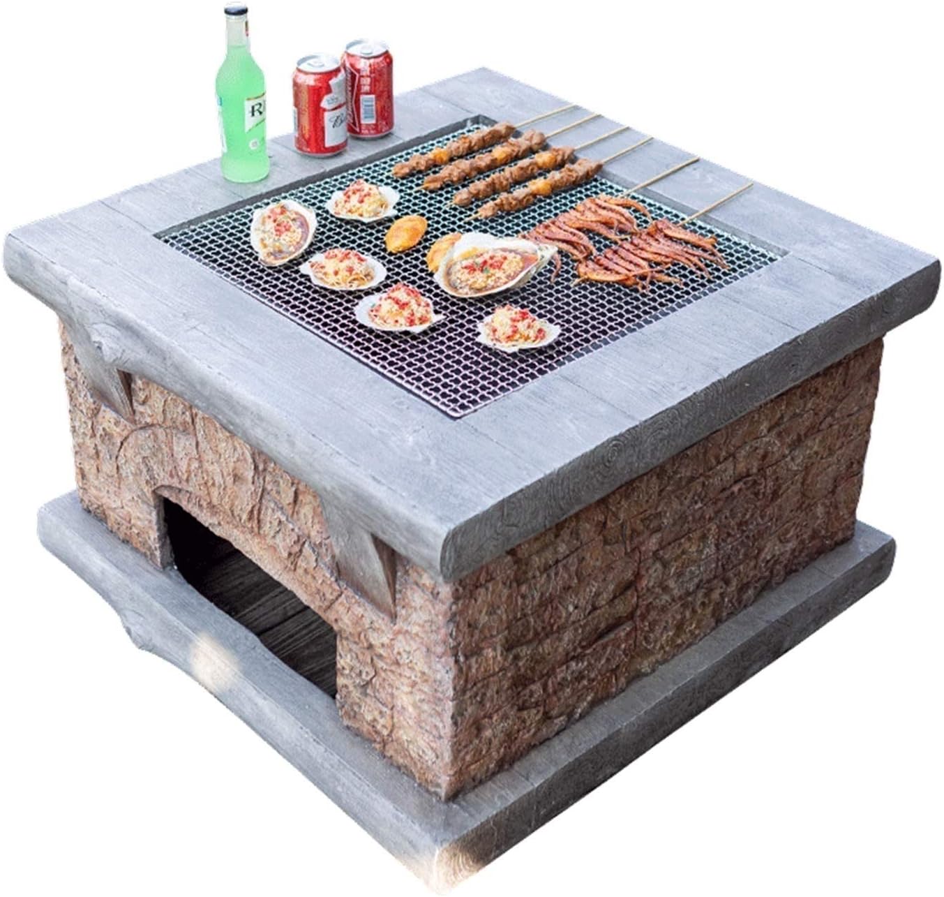 Outdoor Fire Pit Imitation Stone Outdoor Firewood Brazier, Fire Pit with Spark Screen, Waterproof Cover, Poker, Square Fire Pit inrd Garden of Terrace