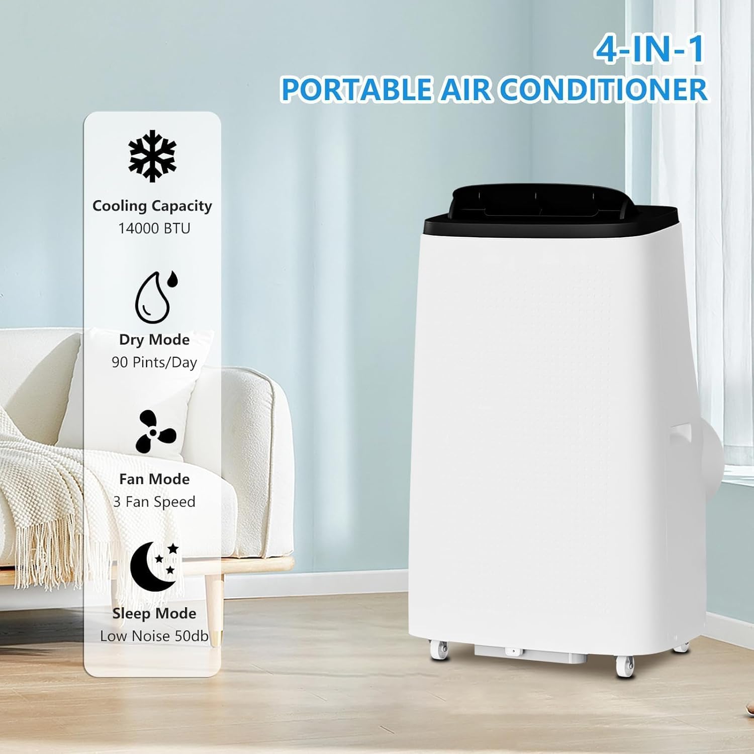14000 BTU Portable Air Conditioner,3-in-1 Cooling Unit With Fan,Fehumidifier, And Refrigeration Functions, Featuring 3 Speed Settings, Energy Efficiency, Low Noise Operation, and Timer.