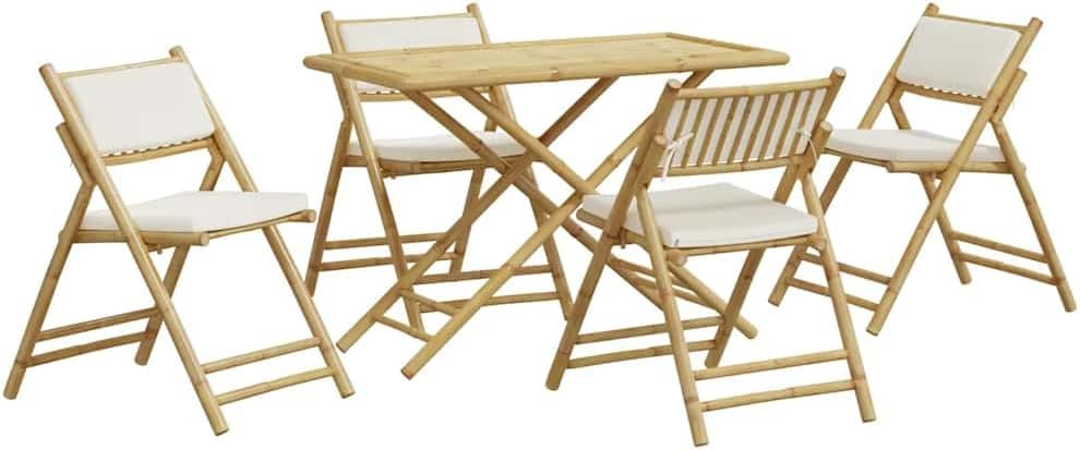 5-Piece Cream White Bamboo Bistro Set, Foldable Rectangular Outdoor Patio Dining Table and Chairs, Durable Balcony Furniture for Garden Terrace