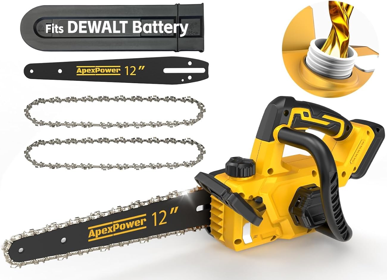 12 Inch Brushless Electric Chainsaw Cordless, for Dewalt Battery 20V, Compact Chain Saw with 44.3 FT/S Powerful Cutting, Auto Oiler Low Kickback Battery Powered Chainsaw for Tree Trimming Wood Cutting