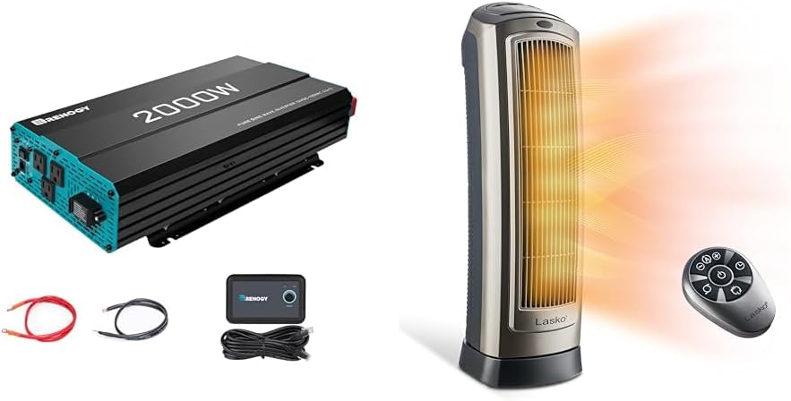 Renogy 2000W Pure Sine Wave Inverter 12V DC to 120V AC Converter for Home & Lasko Oscillating Digital Ceramic Tower Heater for Home with Adjustable Thermostat