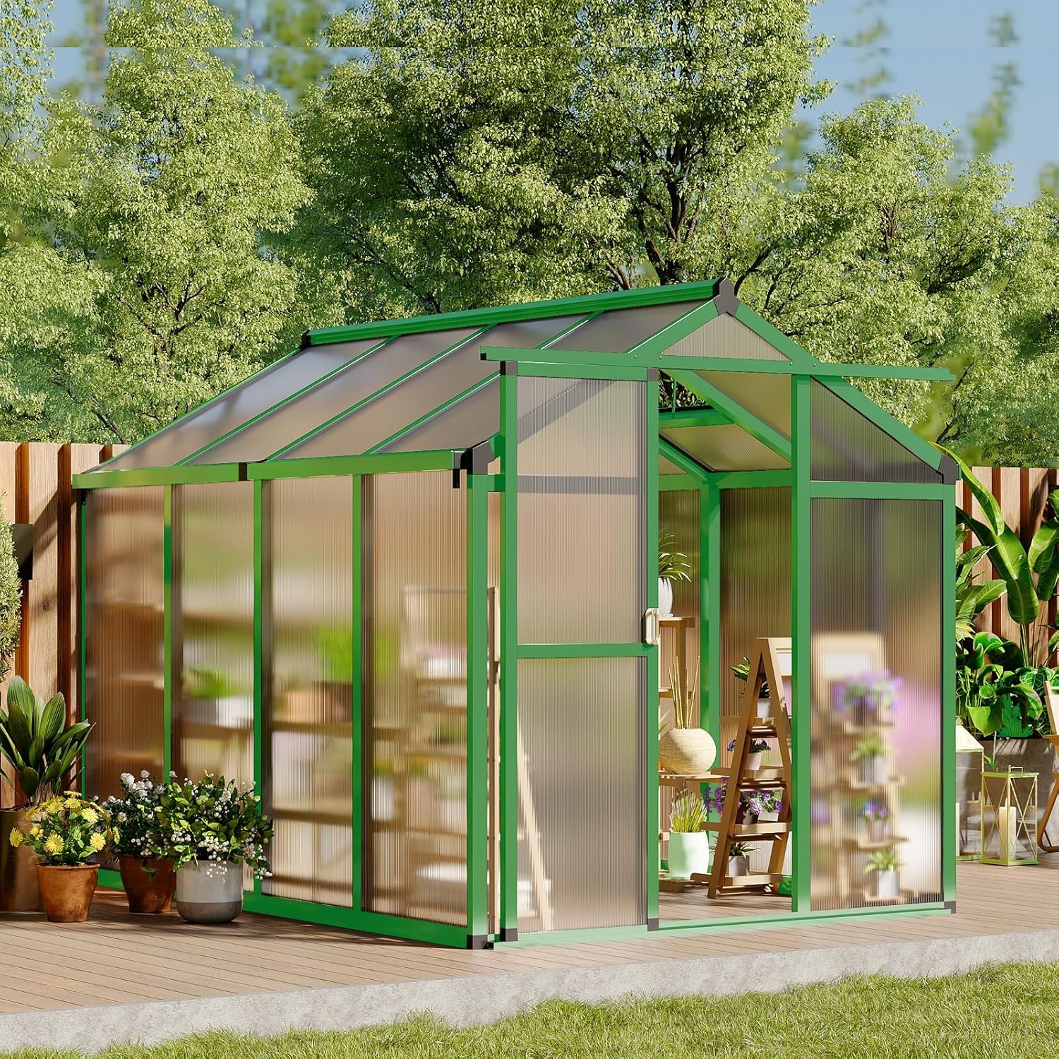 6X8 FT Greenhouse for Outdoors, Walk-in Greenhouse Kit with Aluminum Frame, Polycarbonate Panels, Adjustable Roof Vent, Sliding Door, Secure Lock for Outside Garden, Patio, Backyard