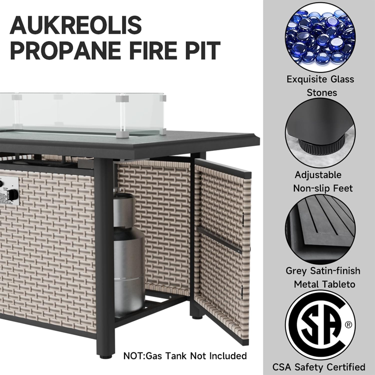 43 Inch Outdoor Propane Fire Pit 60,000 BTU Gas Fire Pits for Outside Patio with Steel Lid and Glass Wind Guard, 2-in-1 Firepit Table & CSA Certification, Grey Rattan