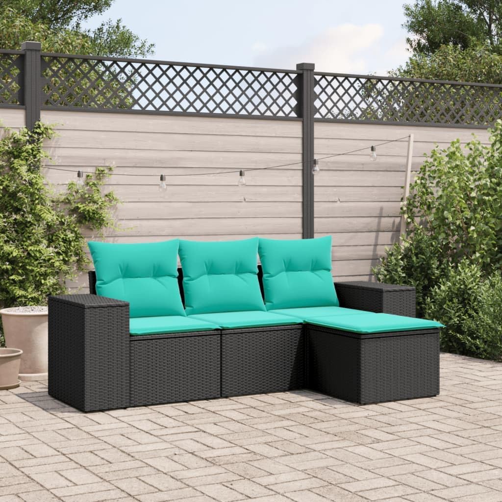 Black Poly Rattan 4-Piece Modular Outdoor Patio Furniture Set with Blue Cushions, Weather-Resistant Garden Balcony Deck Sofa Seating & Storage