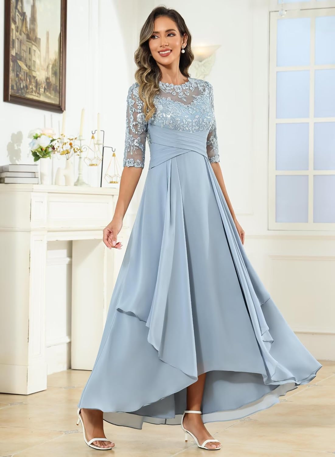 1/2 Sleeve Mother of The Bride Dresses for Women Lace Chiffon Sequin Ruched A Line Long Formal Evening Gown