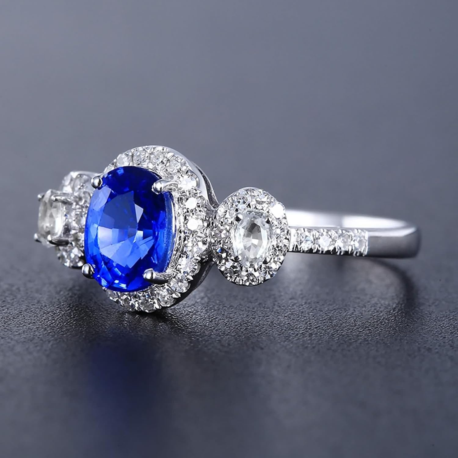 18K White Gold Engagement Ring, Women's Ring Lab Created Sapphire 4 Claws White Gold Band with Moissanite Birthday Gift for Her