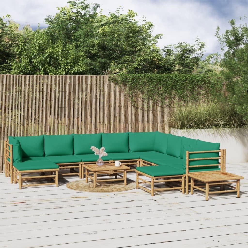 Furniture Sets 12 Piece Patio Lounge Set with Green Cushions Bamboo,AllNaturally-derived Bamboo Patio Lounge Set: Modular Design for Outdoor Comfort Garden Conversation Sets