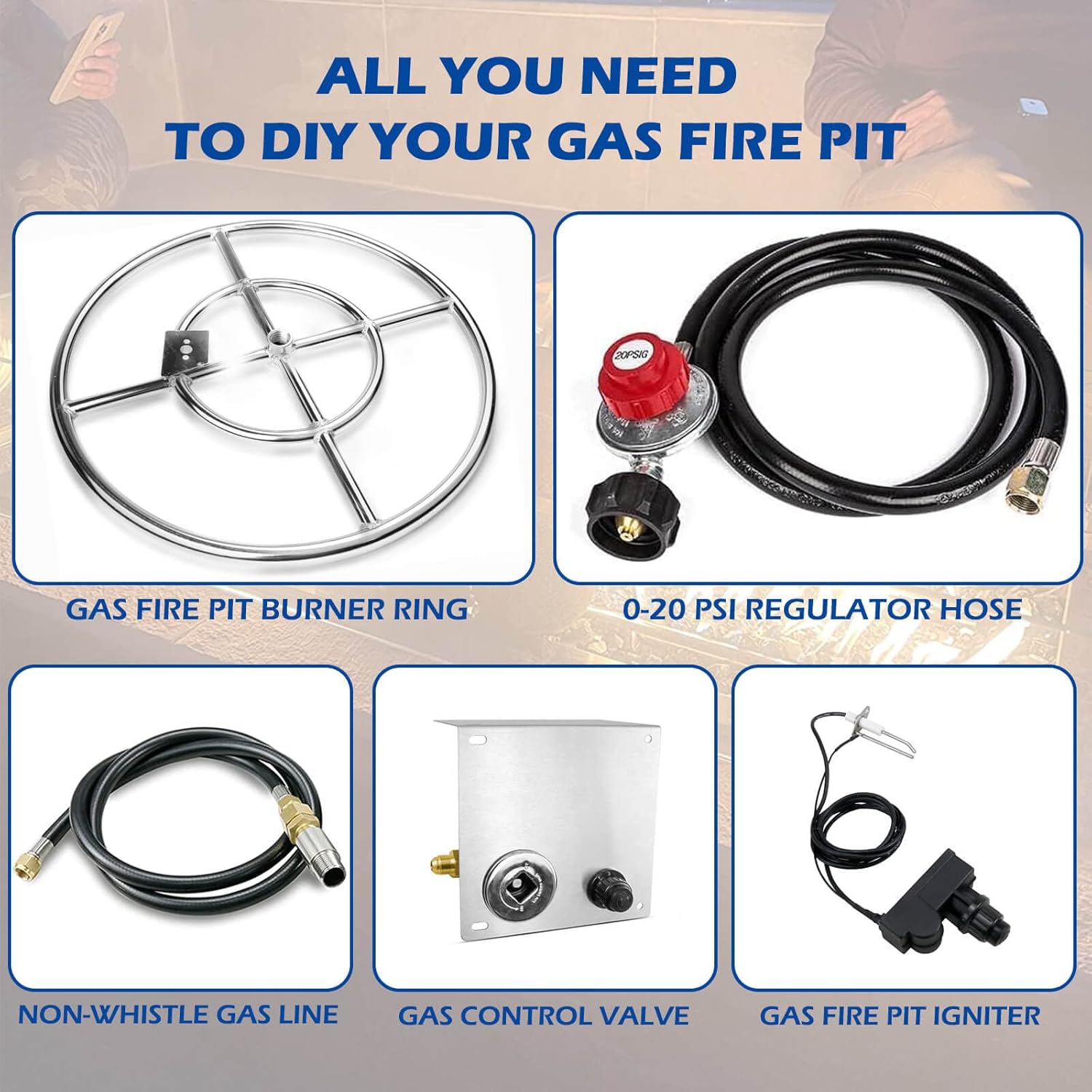 GRISUN Fire Pit Burner Ring Kit 18 Inch, Propane Firepit Kit, Come with Propane Fire Pit Hose Kit and Upgraded Gas Control Spark Ignition Kit, DIY Round Gas Fire Pit Kit, Stainless Steel