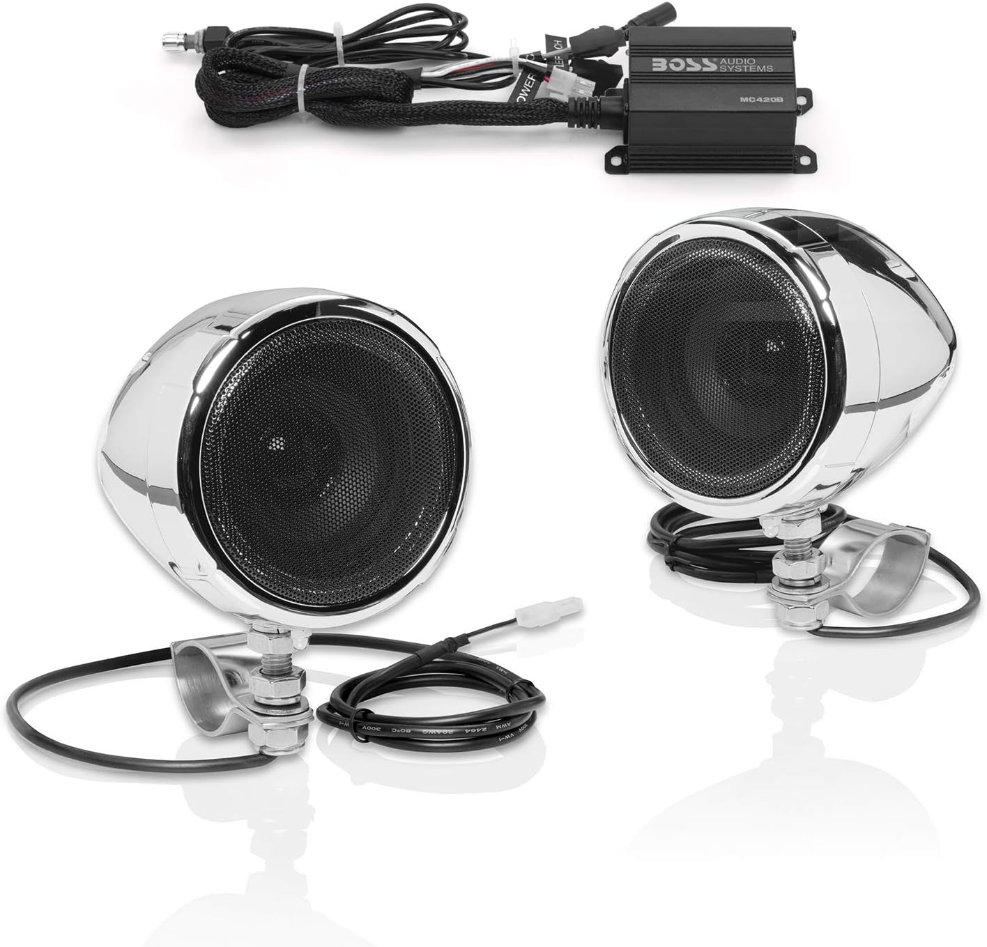 BOSS Audio Systems MC420B 3 Inch Motorcycle Speakers and Amplifier Sound System – Class D Amplifier, Weatherproof, Volume Control, ATV UTV Compatible