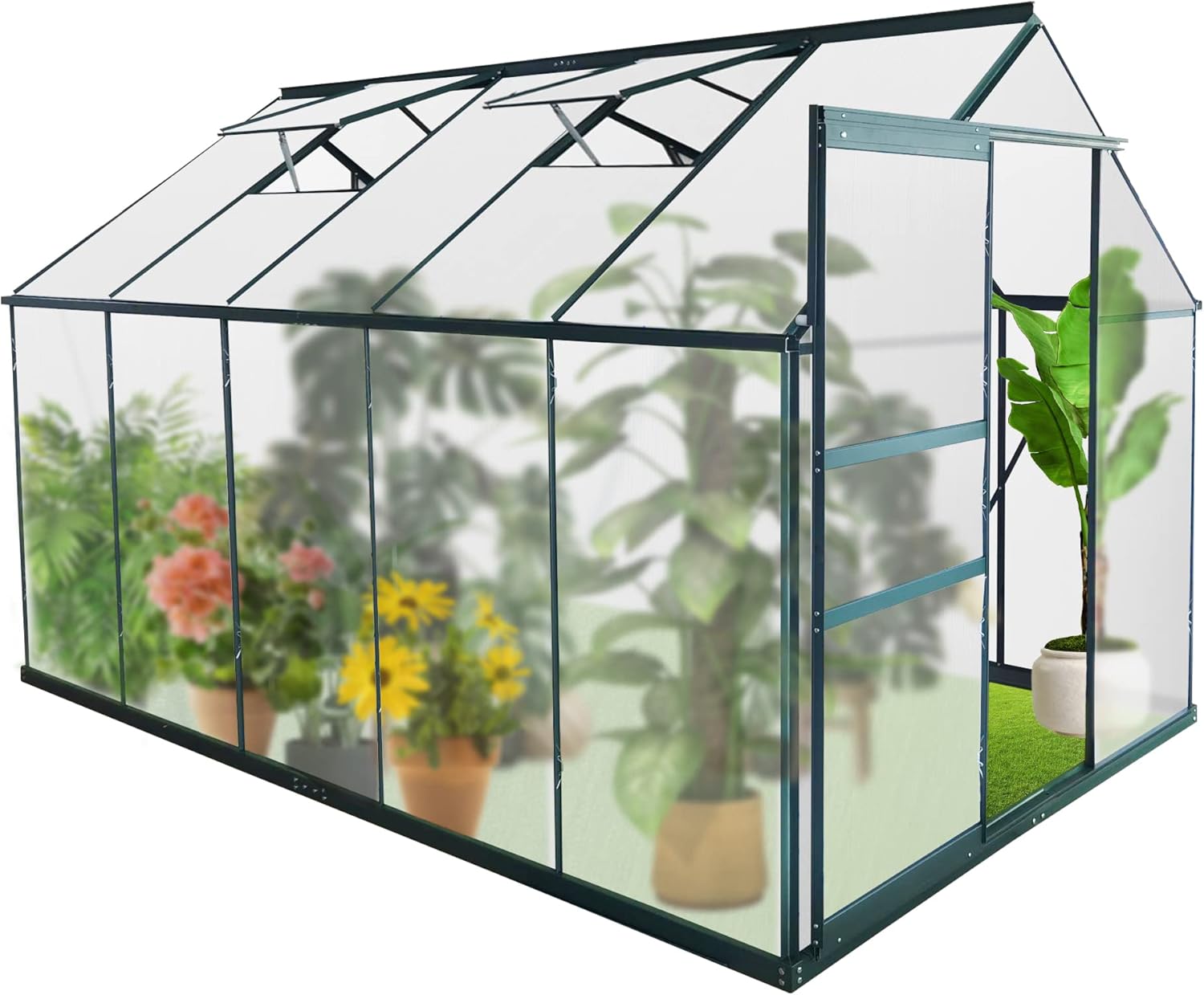 TRY & DO 6'X10' Outdoor Walk-In Greenhouse, Sliding Door, 2 Vent Windows, Rain Gutter, Heavy Duty Polycarbonate Aluminum Greenhouse Kit for Vegetables, Plants, Winter Garden