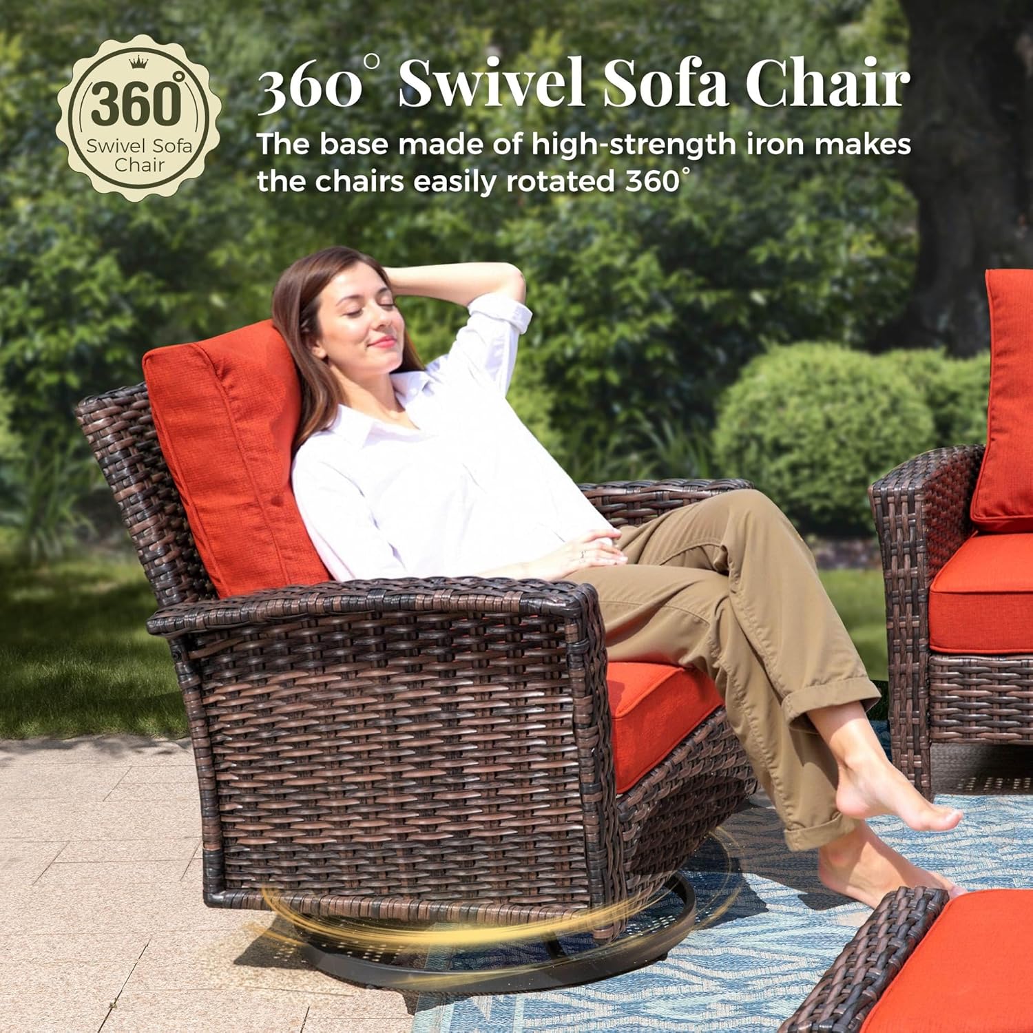 8-Piece Wicker Patio Furniture Set, Sectional Conversation Set with 2 x Swivel Chairs, 2 x Ottomans, 1 x 3-Seater Sofa, All-Weather Wicker Patio Conversation Set with 56