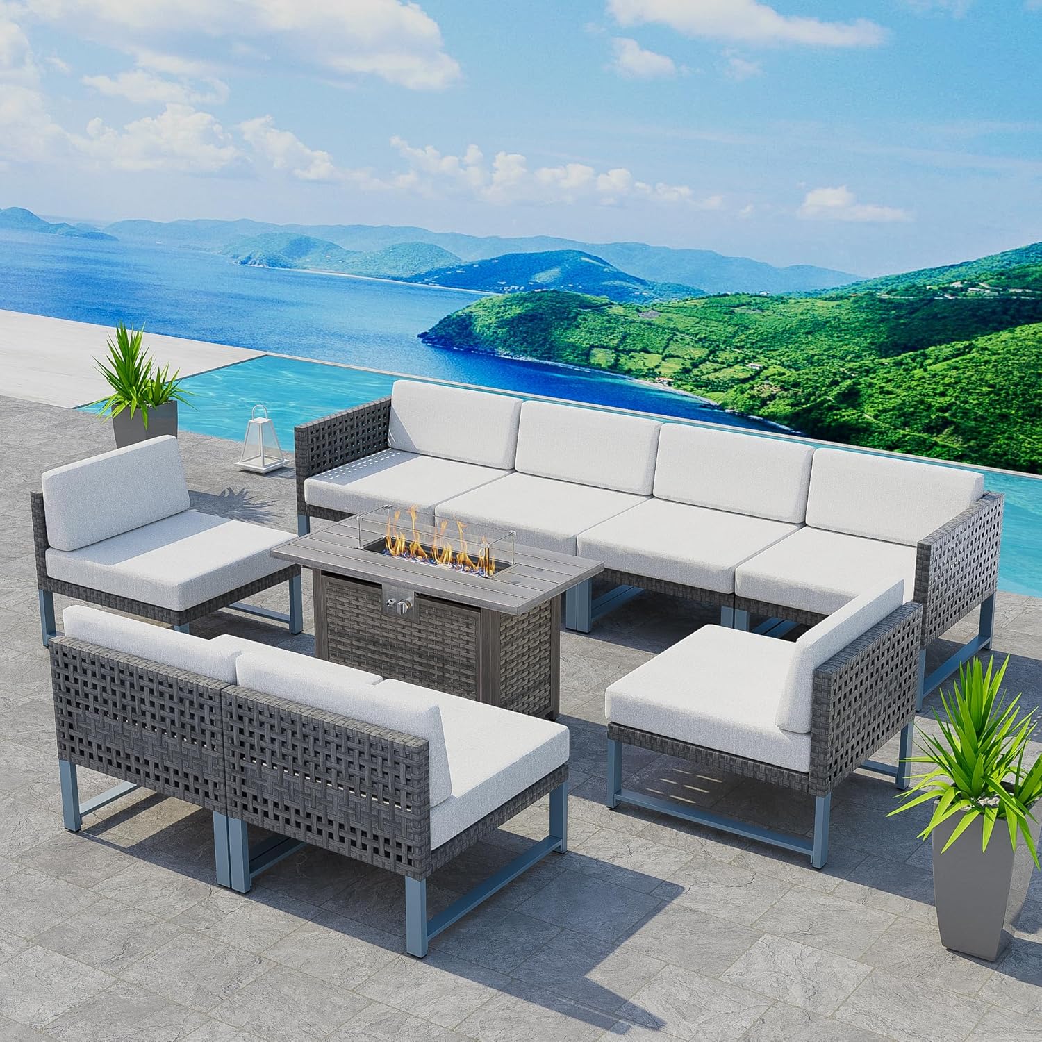 Patio Furniture Set 9Pcs Outdoor Furniture Sectional Couch Fire Pit Table Balcony Furniture Patio Table and Chairs Set with Propane Firepit (Black Wicker, 9pcs /Rectangular Fire Pit)