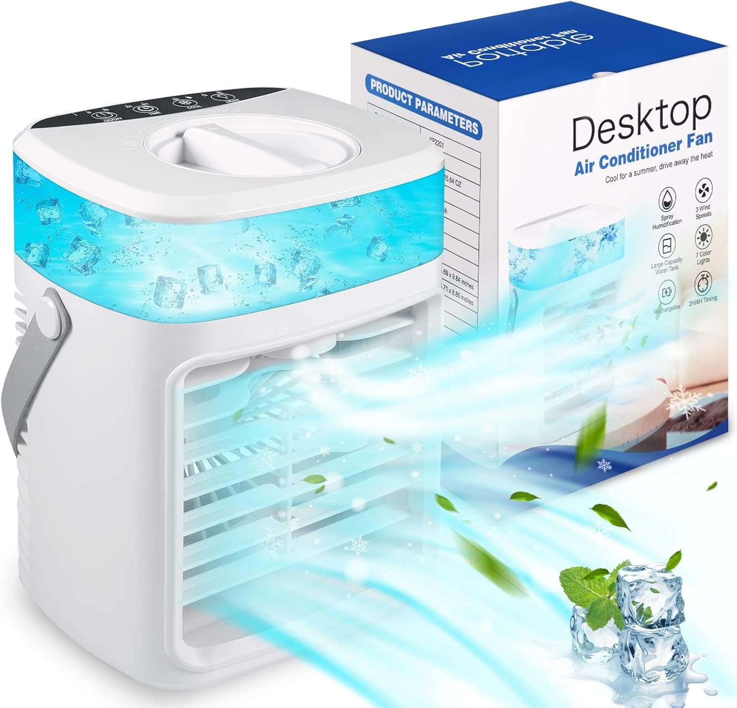 Portable Air Conditioner, Evaporative Air Cooler with Timer, Spray, 3 Speeds Setting, Aromatherapy Notch and 7 Color Light, Quiet Mini Air Conditioner Portable for Room, Small Desktop Cooling Fan