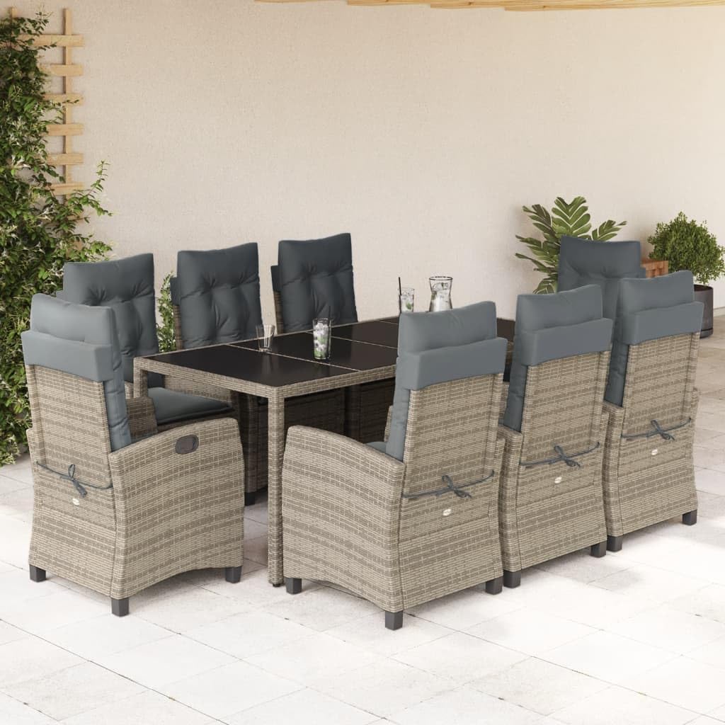 9 Piece Patio Dining Set with Cushions Gray Poly Rattan Garden Furniture