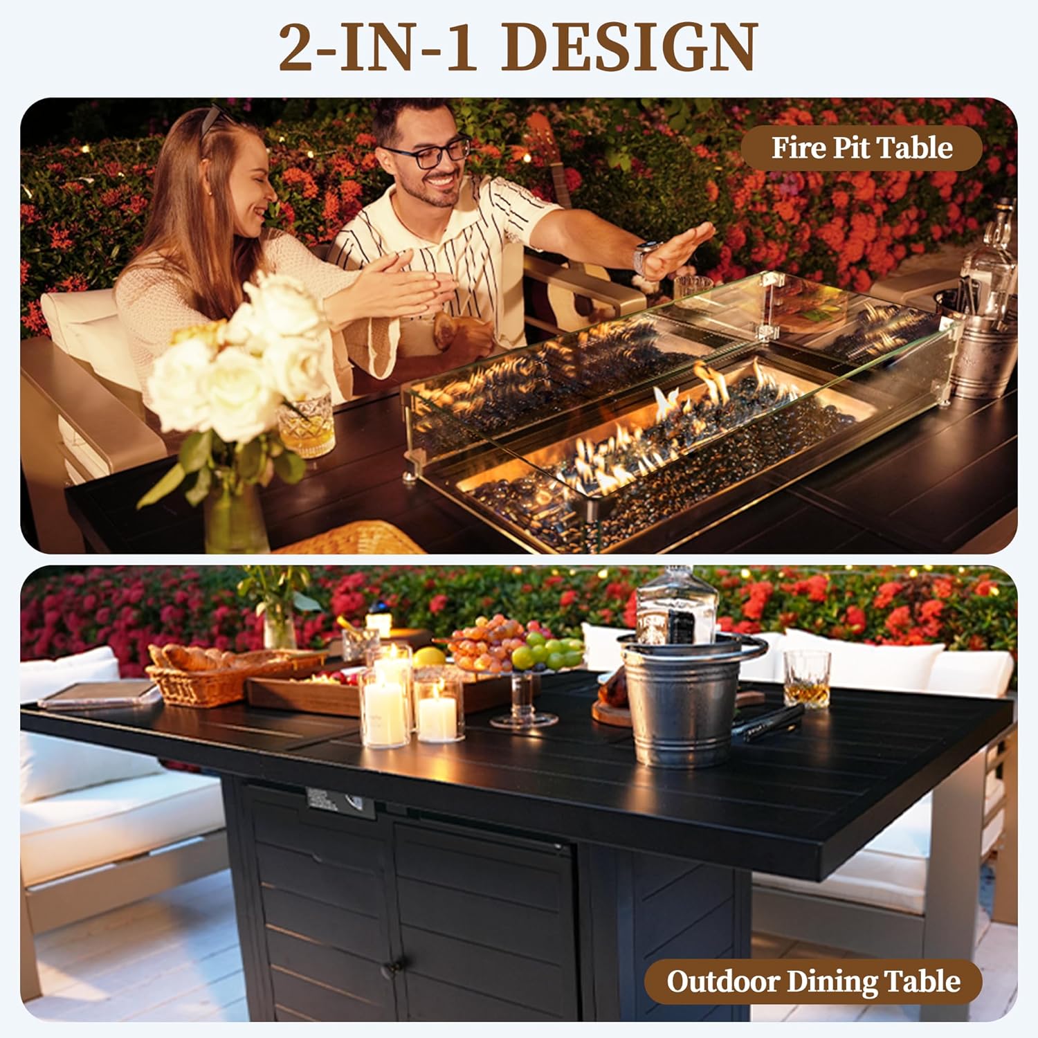 PIZZELLO 60 Inch Propane Firepit Table - Outdoor Rectangular Aluminum Fire Table w/Wind Guard - 50,000 BTU Gas Fire Pit with Glass Beads and Waterproof Cover