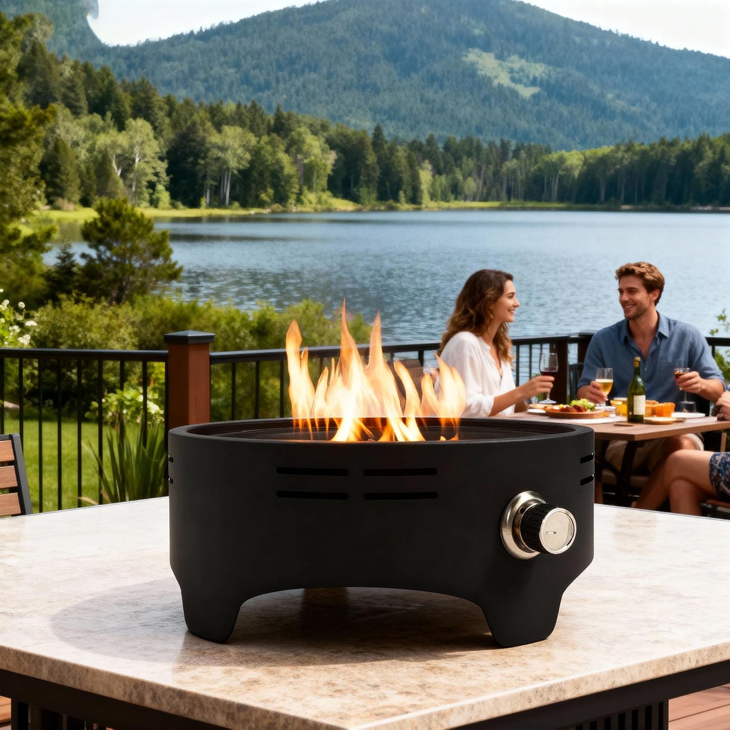15 Inch Propane Tabletop Fire Pit, 40,000 BTU Round Portable Outdoor Fire Pit for Patio Garden Balcony, Compact Steel Fire Pits with Lava Rocks & Cover, Black Finish for Ambiance & Warmth, Only Table