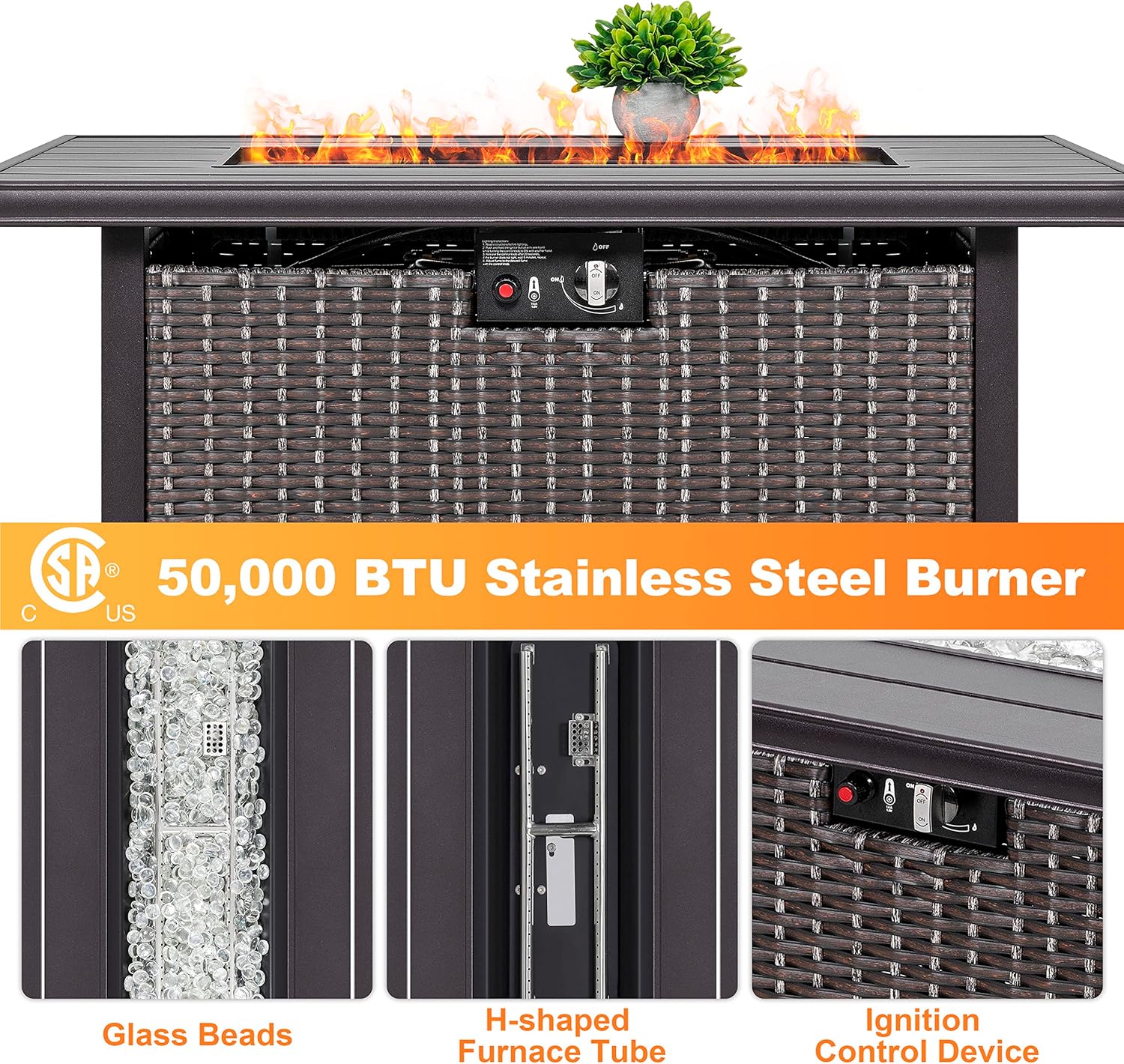 Nuu Garden 43 Inch Propane Fire Pit Table, CSA Certified 50,000 BTU Outdoor Patio Propane Fire Pit Table with 7 lbs Glass Stone & Removable Lid, Aluminum Tabletop, Water-Proof Oxford Cover, Brown