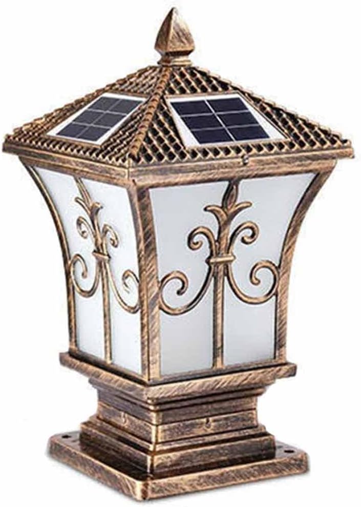 Solar Pillar Lighting Outdoor Waterproof Garden Column Lamp 11.8in Black Aluminum Metal Stigma Lantern Fixture Frosted Glass Gate Bollard Post Lamps Mount Base for Villa Wall Garden